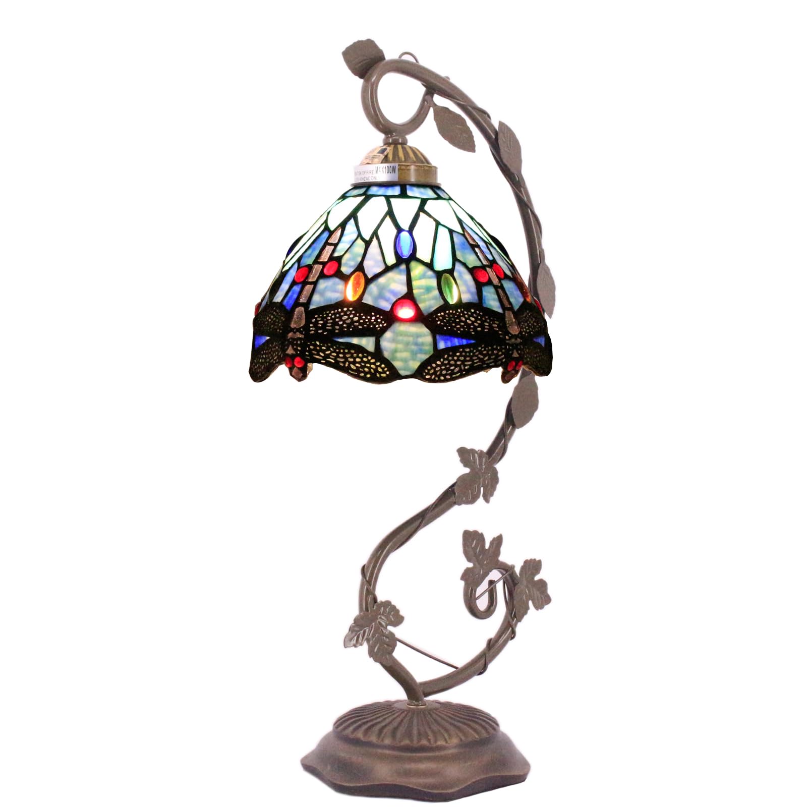 WERFACTORY Tiffany Style Dragonfly Table Lamp - Blue Stained Glass Shade with Metal Leaf Base (8x10x21 Inches) - Vintage Desk Light for Bedroom, Home Office, Living Room Decor - Perfect for Reading Nook, Coffee Table Accent & Small Space Lighting