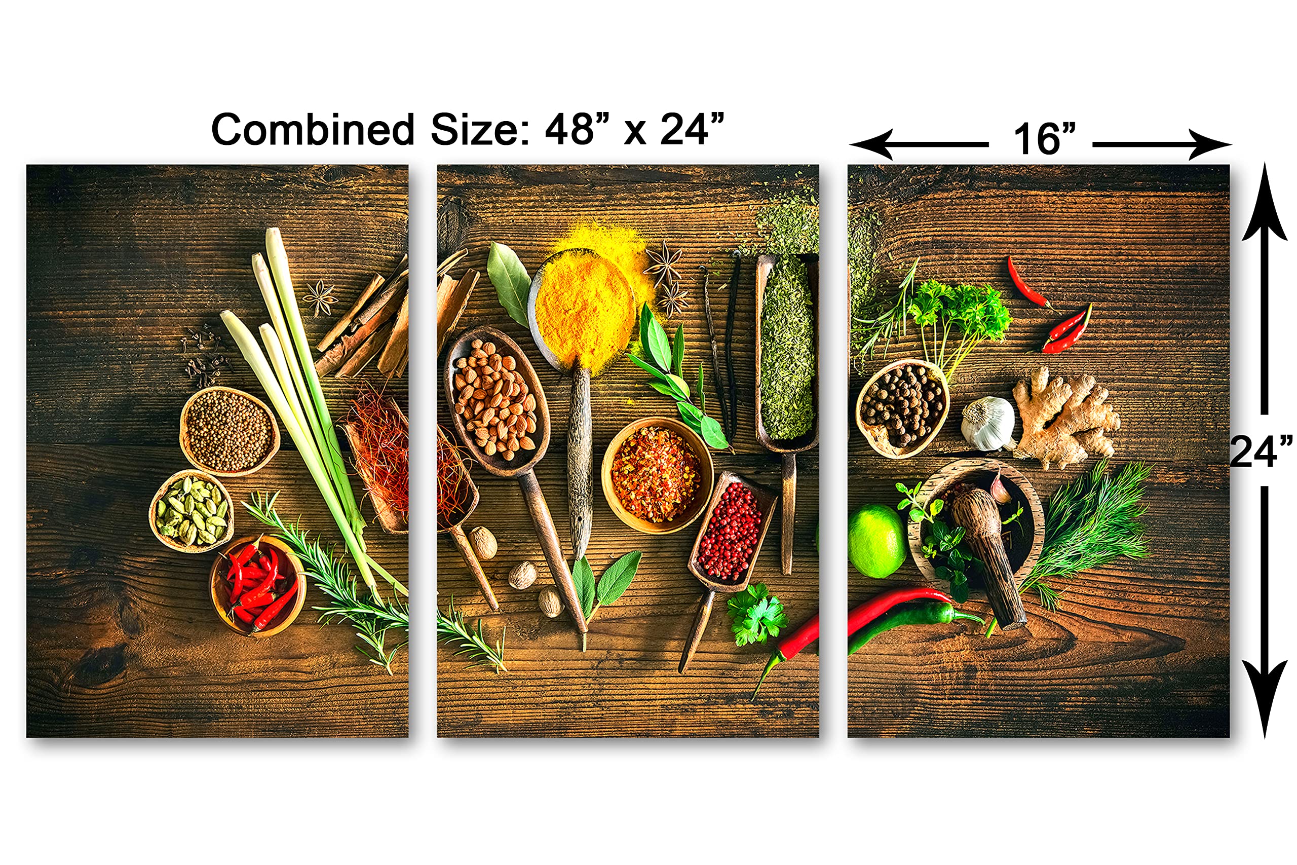 48 x 24 Inch Spices Canvas Print Wall Art - 3 Panel Split Kitchen Decor with Herbs & Spices Design | Perfect Cooking Gift & Kitchen Wall Art for Home Chefs & Food Lovers