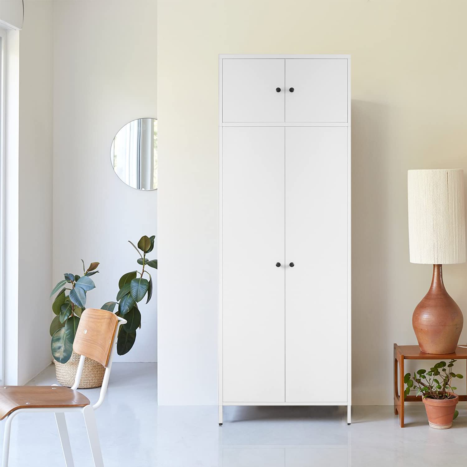 BESFUR Freestanding Wardrobe Closet - White Metal Armoire with Adjustable Hanging Rod & Storage Cabinet (20