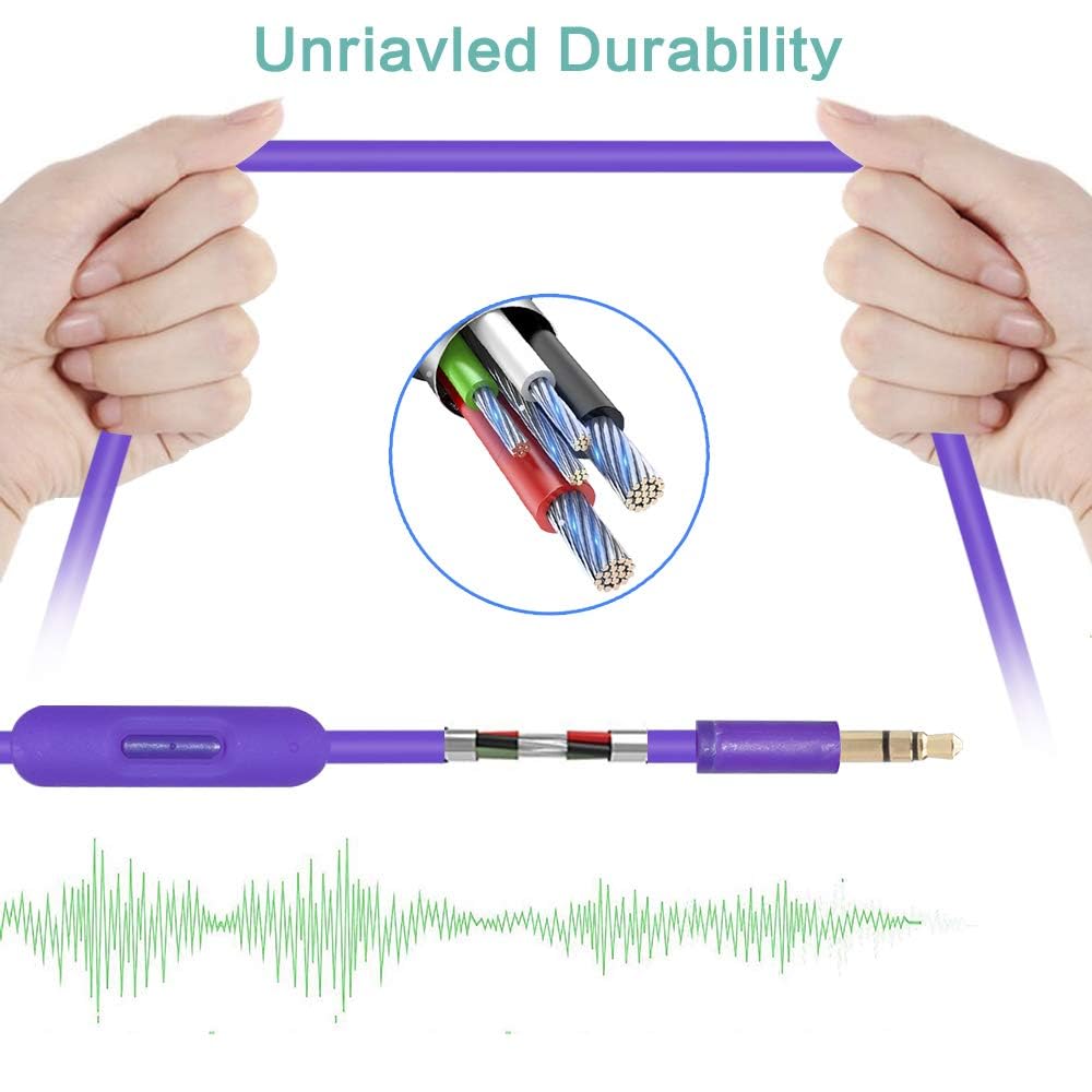 Purple Replacement Inline Mic Remote Extension Audio Cable for Beats by Dr. Dre Solo/HD/2/Studio Wireless/Pro/Detox/Mixr/Executive/Pill Headphones - Compatible with iPhone, Android & Gaming Headsets (3.5mm Jack) - Perfect for Music, Calls & Online Meetings