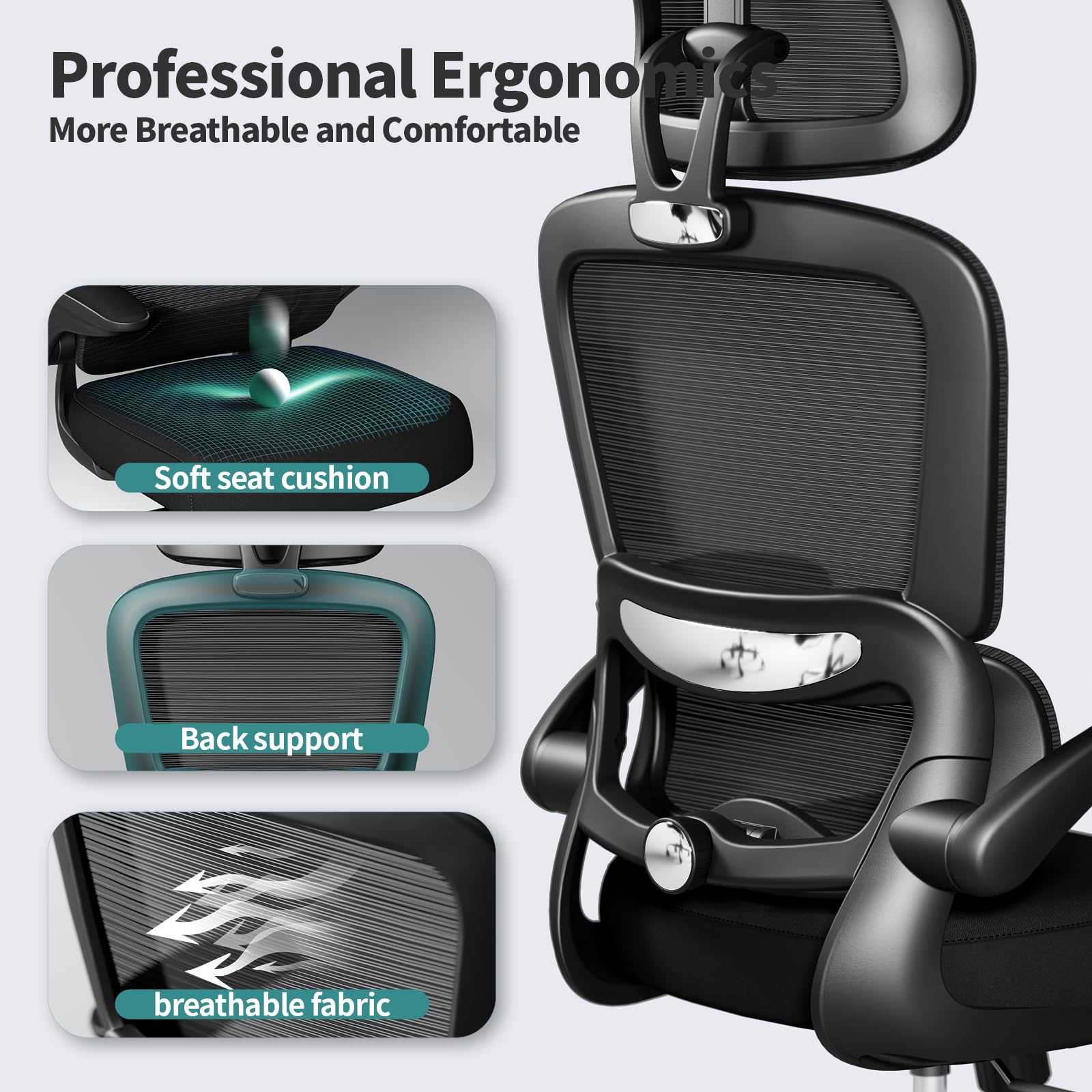 Ergonomic Office Chair with Wheels - 330 LBS Capacity High Back Mesh Desk Chair for Home & Gaming - Comfortable Computer Chair for Long Hours Work (Black) - Perfect for Home Office, Gaming Setup & Workspaces