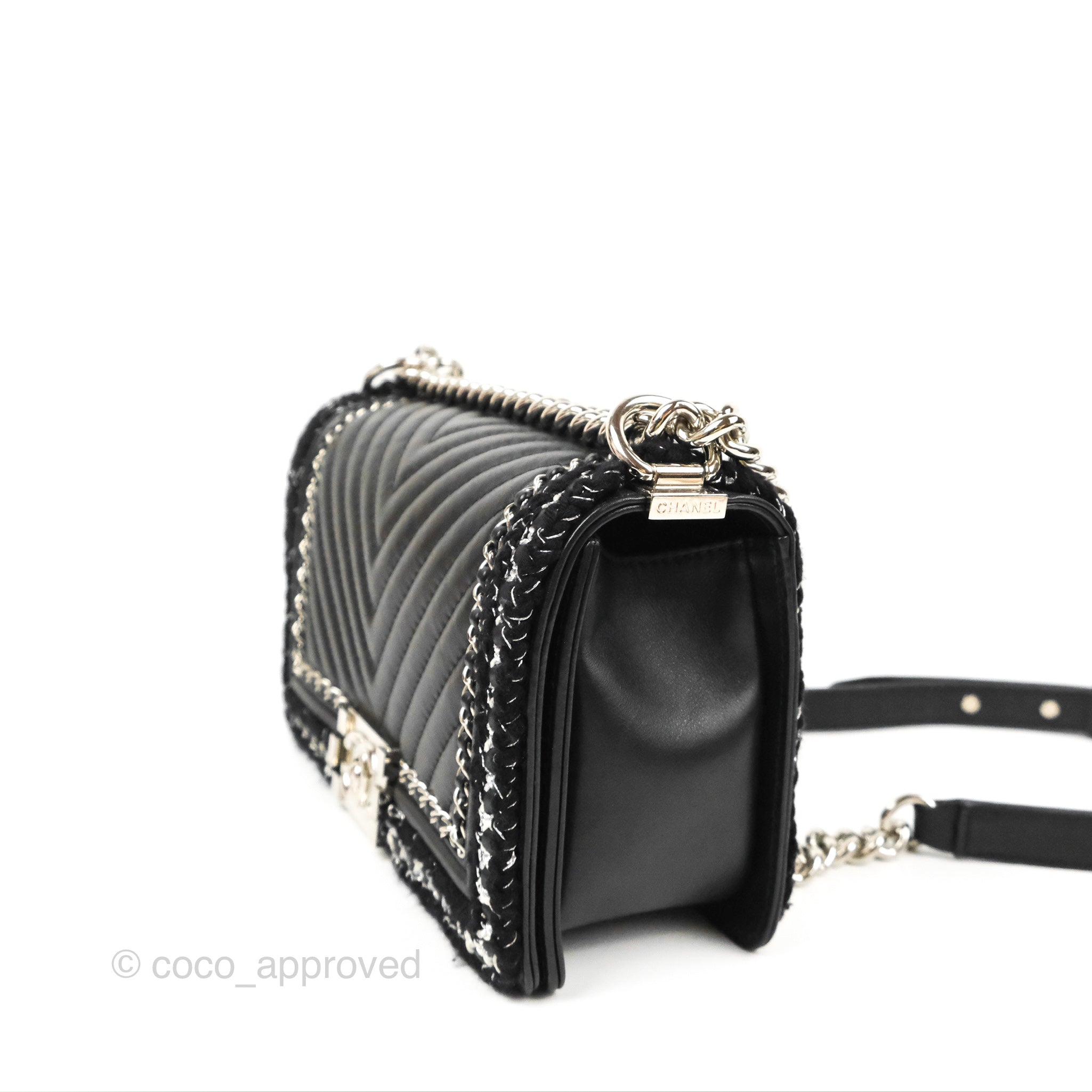 Chanel Chevron Braid Around Chain Boy Bag - Black Calfskin Leather with Silver Hardware | Luxury Crossbody Bag for Women, Perfect for Date Night & Evening Events