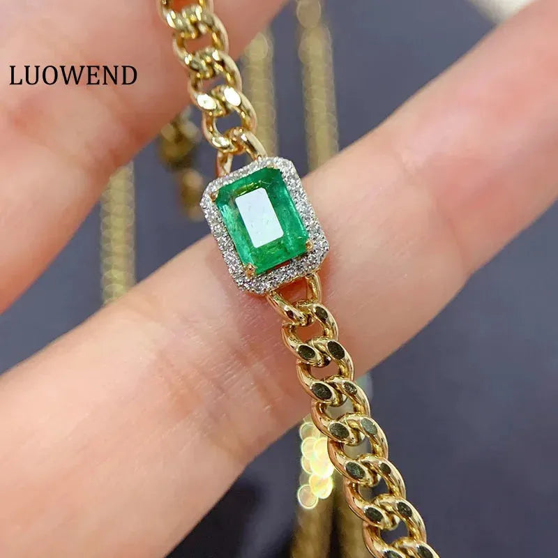 18K Yellow Gold Cuban Chain Bracelet for Women - Shiny Diamond & Natural Emerald Fashion Jewelry - Perfect for Parties, Weddings & Special Occasions