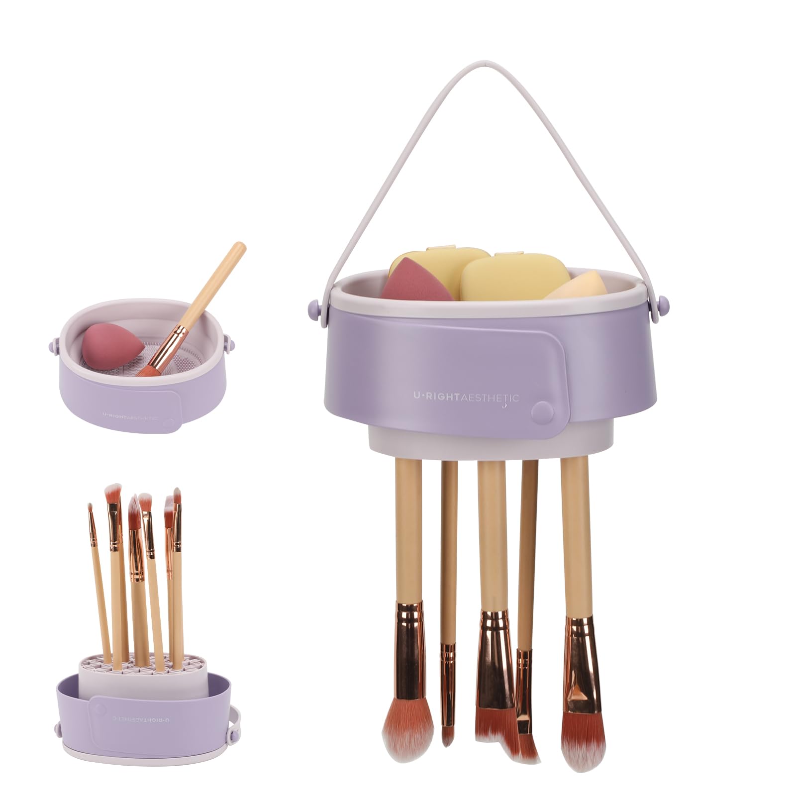 3-in-1 Foldable Silicone Makeup Brush Cleaner Mat - Cosmetic Brush Scrubber Bowl for Cleaning, Organizing & Drying | Portable Makeup Brush Cleaning Tool for Travel & Home Use (Purple)