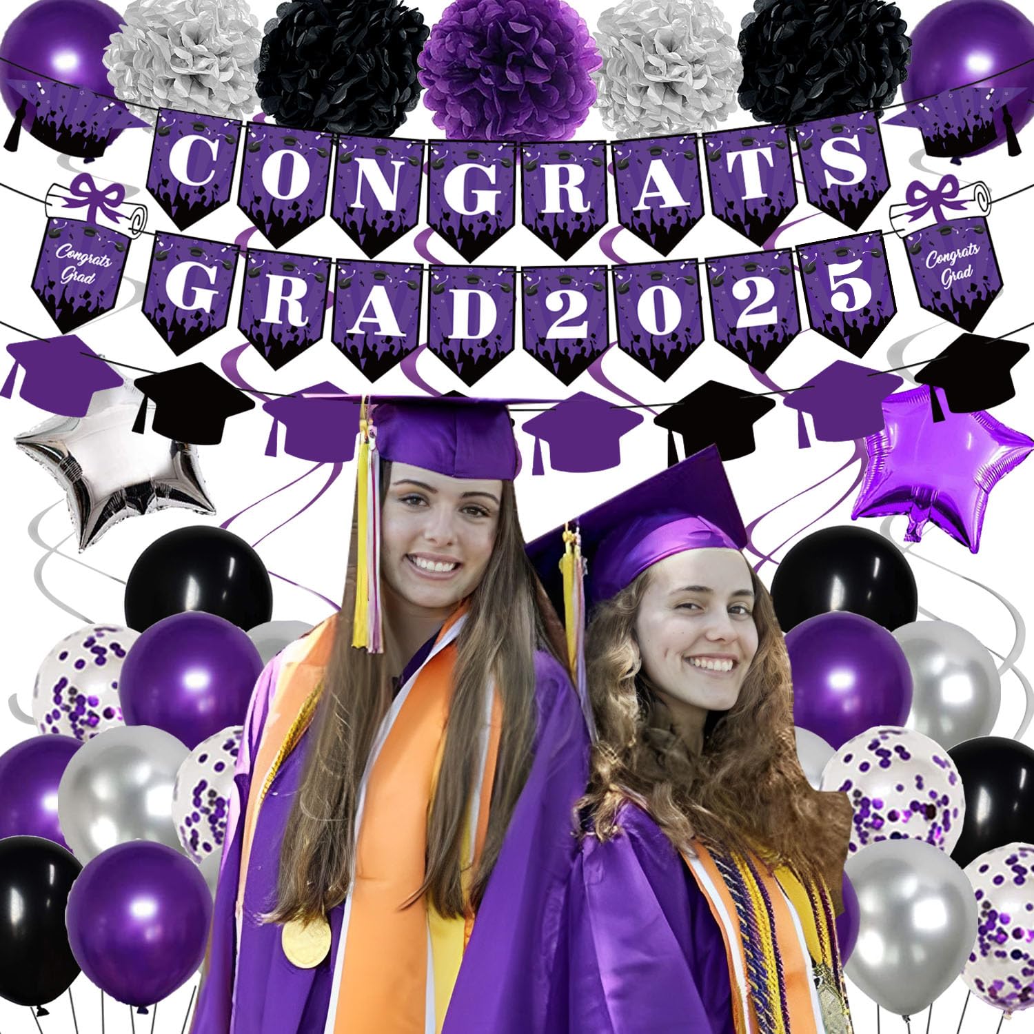 2025 Graduation Party Decorations - Purple, Black & Silver Congrats Grad Banner, Paper Pompoms, Hanging Swirls, Star Foil Balloons & Confetti Balloons for College & High School Graduation Celebrations - Perfect for Graduation Ceremonies, Parties & Photo Backdrops