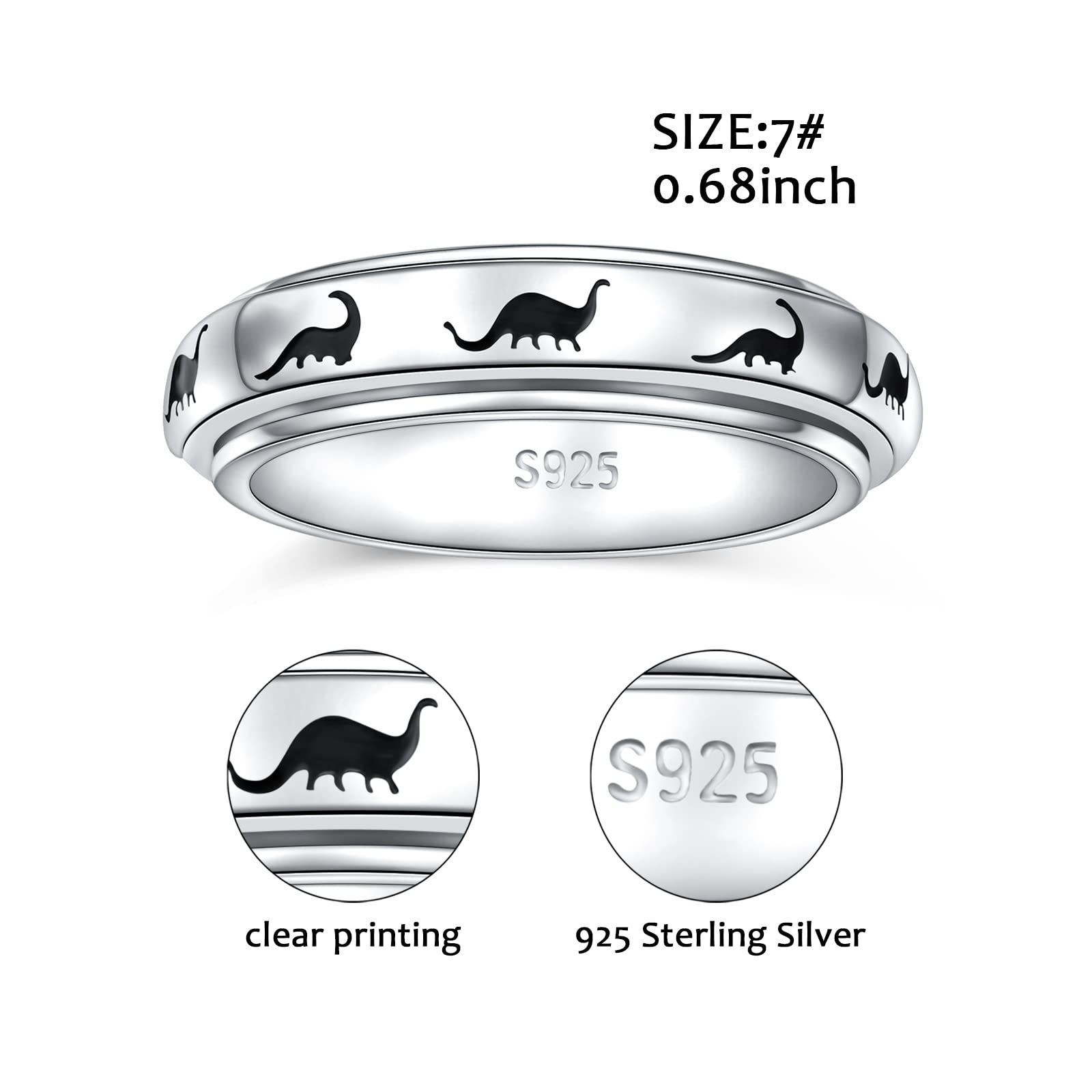 S925 Sterling Silver Anxiety Spinner Ring for Women & Men - Stress Relief Fidget Jewelry for Adults & Teens - Dinosaur Spinner Design for Anxiety Relief & Focus - Perfect for Office, School & Daily Wear