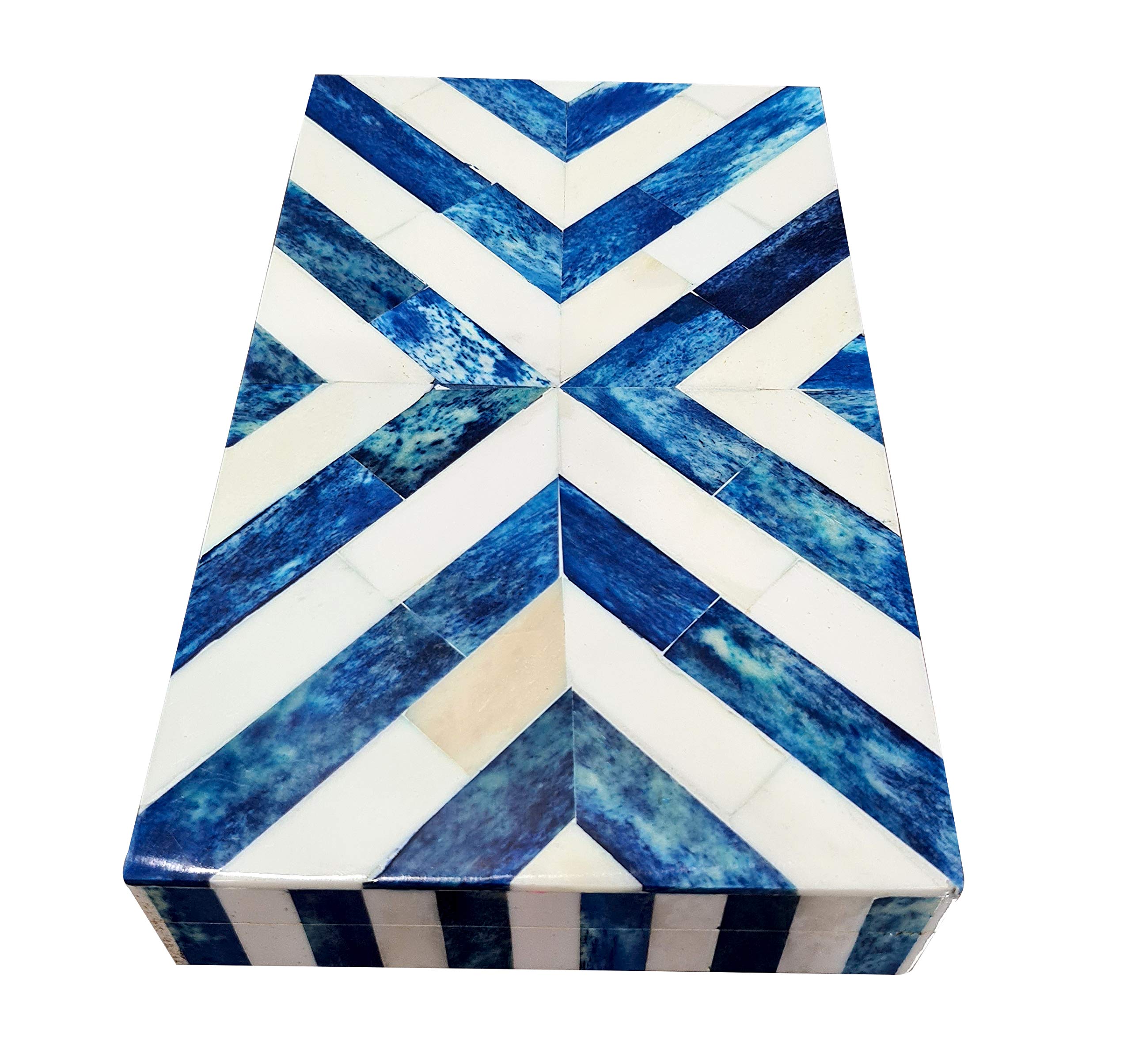Handcrafted Blue & White Chevron Bone Inlay Jewelry Box - Decorative Keepsake Storage Organizer for Rings, Necklaces & Valuables | Perfect for Home Décor, Gift Giving & Travel Jewelry Case