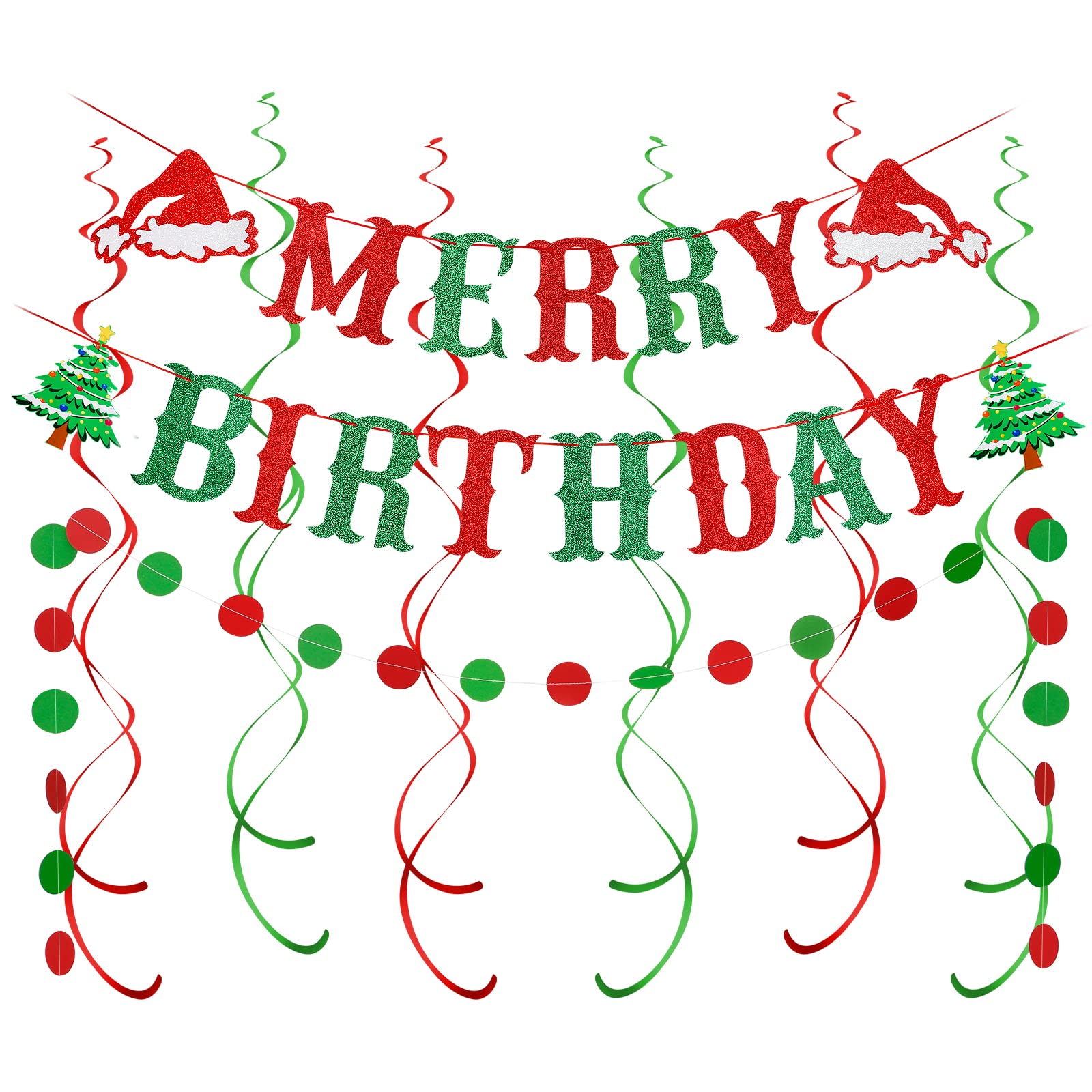 Red and Green Glitter Merry Christmas Birthday Banner - Xmas Party Decorations for Holiday Celebrations, New Year, Baby Shower & Home Decor