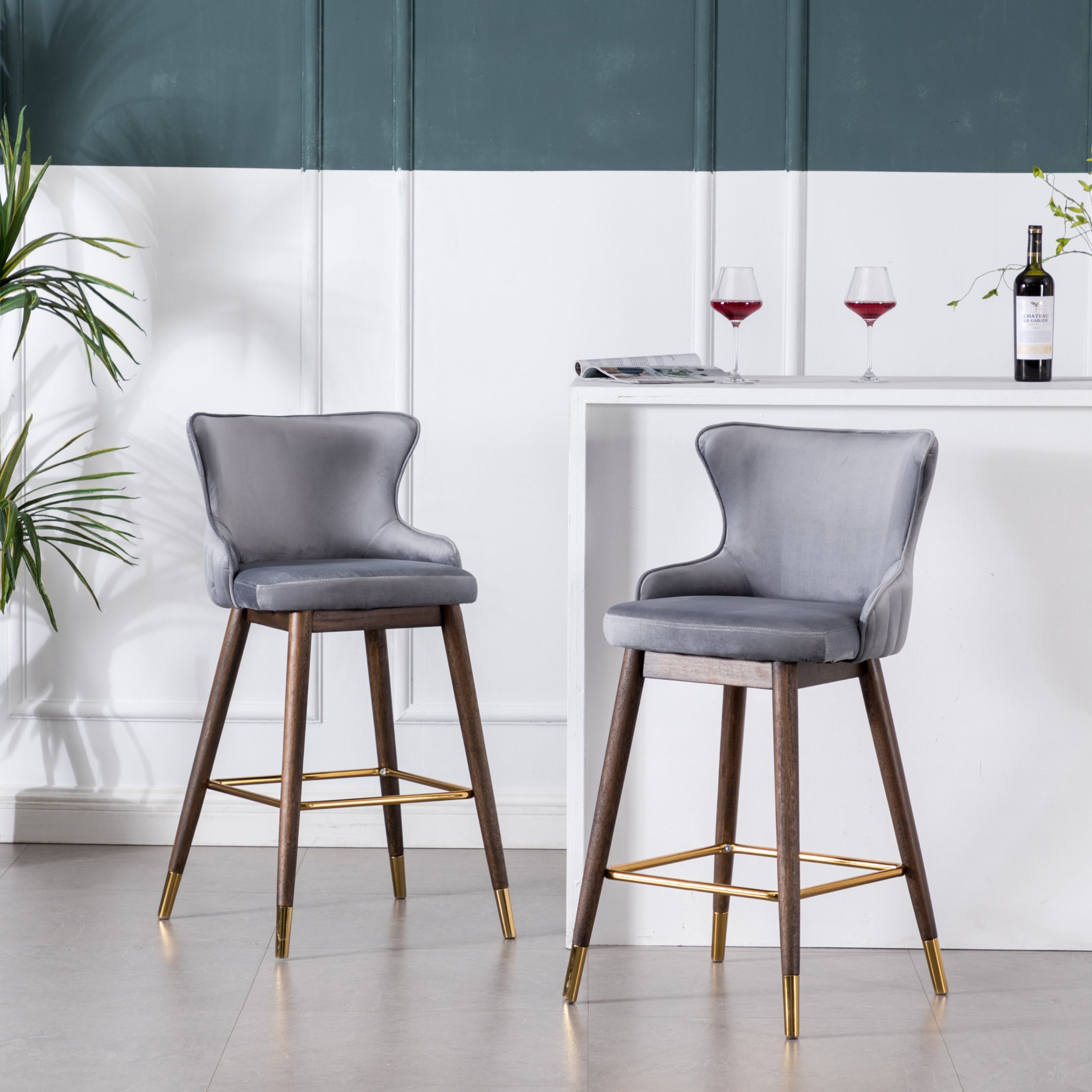 Roundhill Furniture Leland Fabric Upholstered Wingback Bar Stools - Set of 2, Gray - Comfortable Counter Height Stools for Kitchen Island, Breakfast Bar & Home Decor