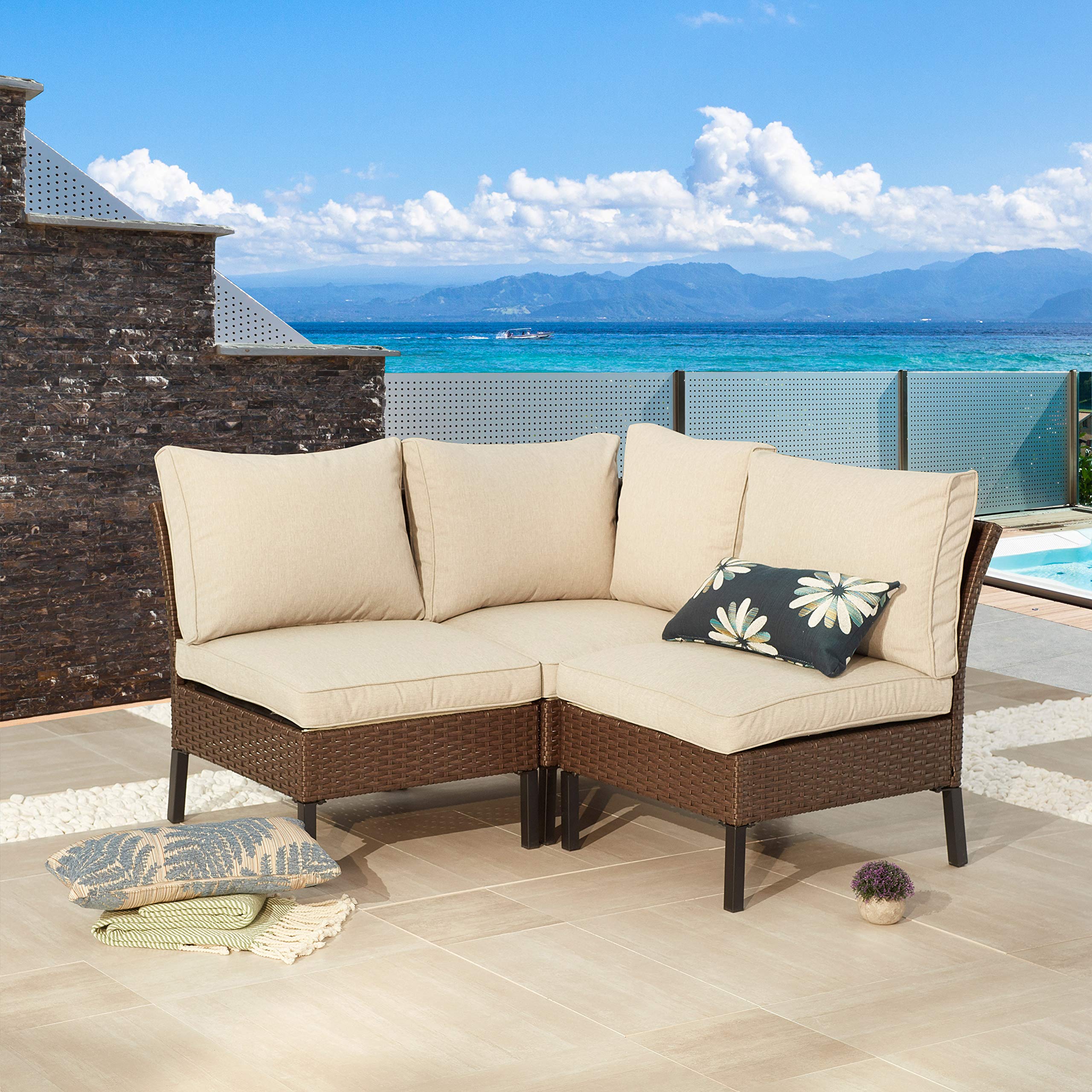 LOKATSE HOME 3-Piece Outdoor Rattan Conversation Set - Wicker Metal Patio Furniture with 1 Corner Sofa & 2 Armless Chairs, Beige - Perfect for Garden, Backyard, and Poolside Relaxation
