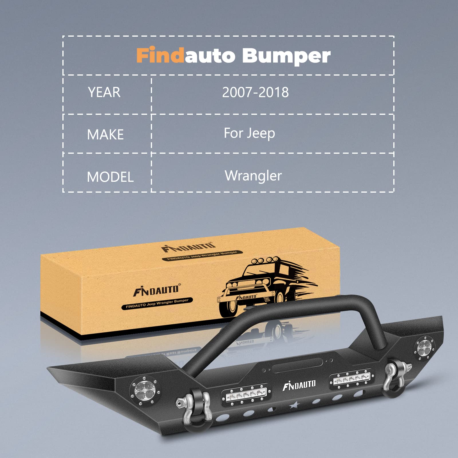 FINDAUTO Upgraded Textured Black Rock Crawler Front Bumper with D-Ring & Winch Plate | Compatible with 2007-2018 Jeep Wrangler JK | LED Light Bar Included | Off-Road Adventure & Heavy-Duty Protection