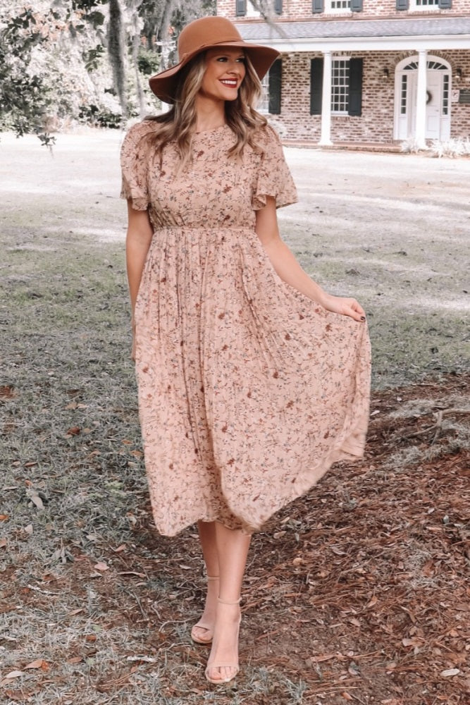 Elegant Beige Floral Pleated Chiffon Midi Dress for Women - Perfect for Spring Weddings, Garden Parties & Date Nights