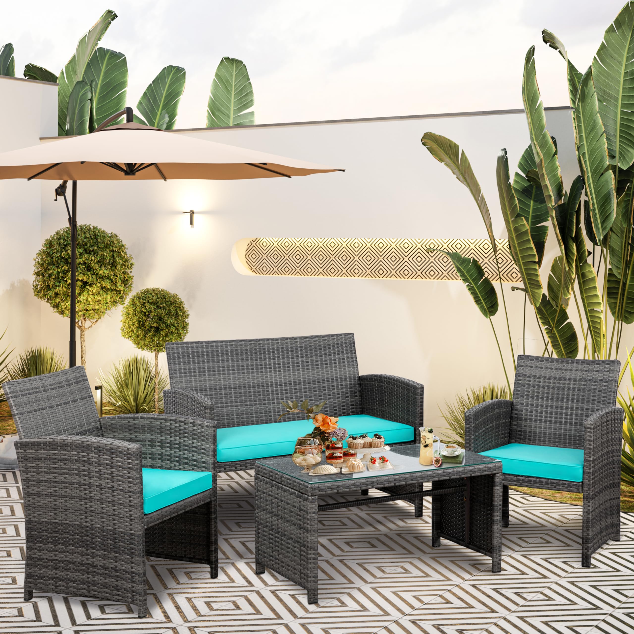 **SUNLEI 4-Piece Outdoor Patio Furniture Set - Rattan Wicker Chairs with Glass Table & Sky Blue Cushions - Grey Conversation Set for Backyard, Porch, Garden, Poolside (Indoor & Outdoor Use)**
