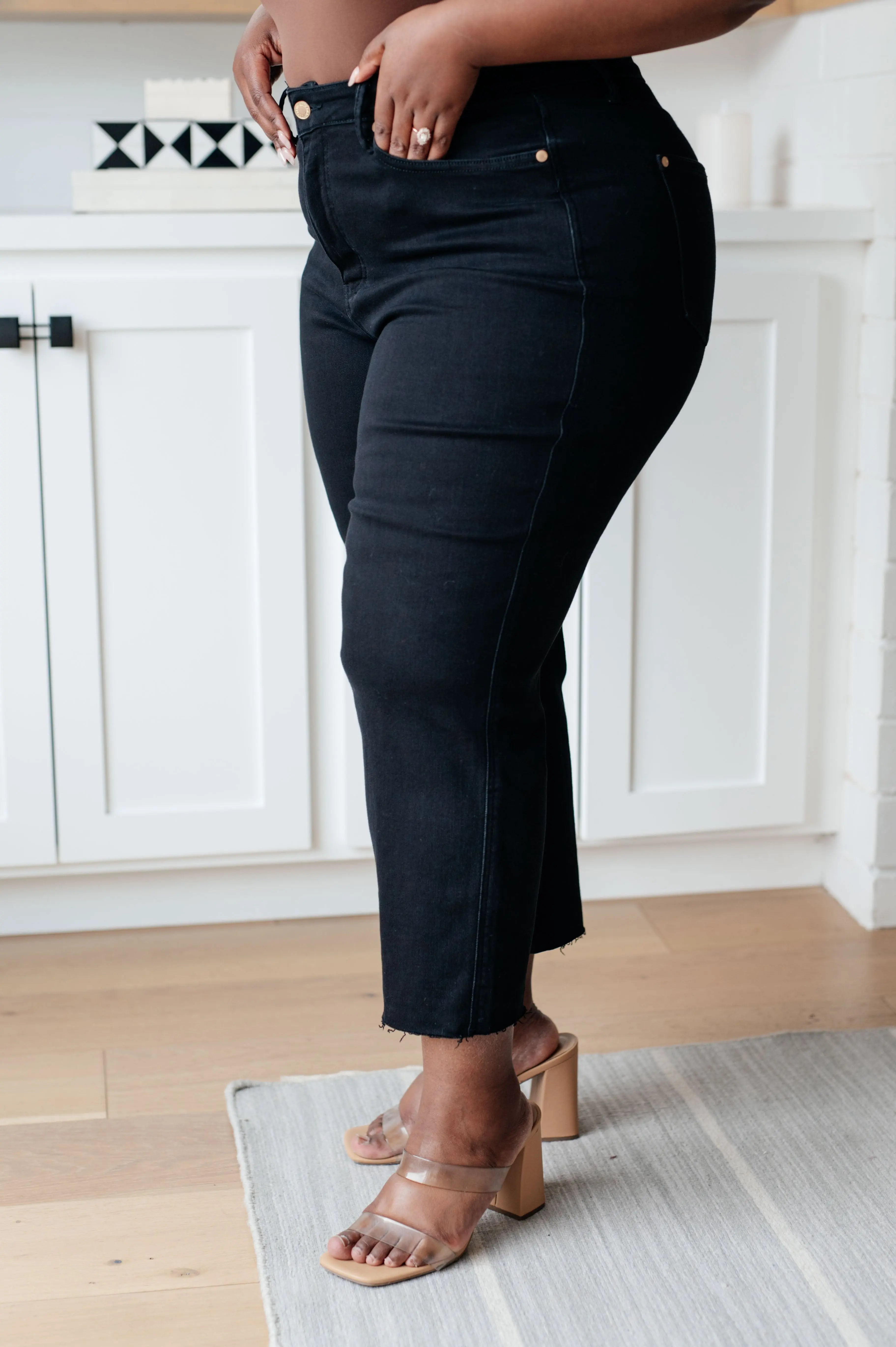 Lizzy High Rise Control Top Wide Leg Crop Jeans for Women - Black Denim Pants for Casual Wear & Street Style Outfits