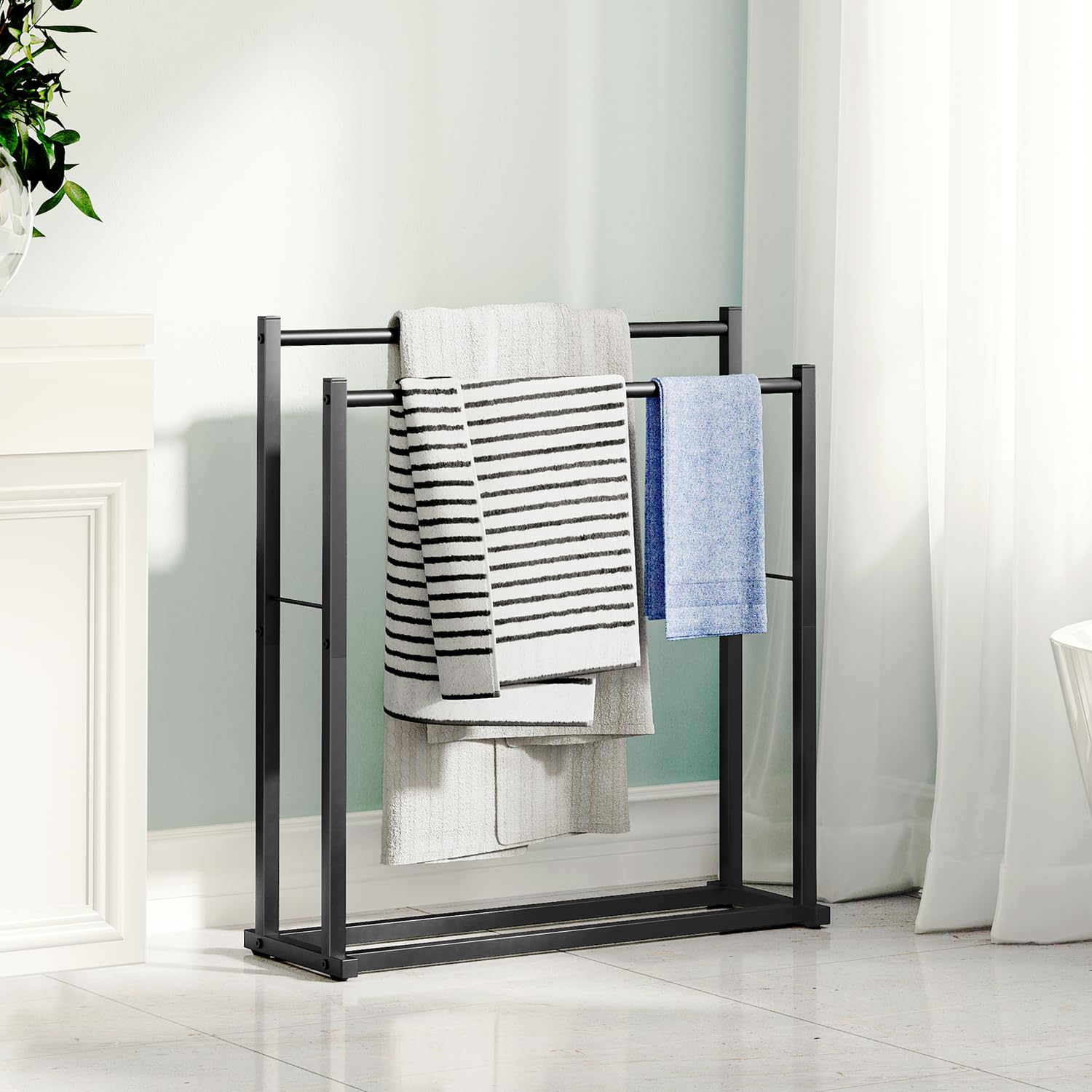 Honiter 2-Tier Free Standing Towel Rack for Bathroom & Outdoor Use - Wide Drying Rack for Oversized Bath Towels, Pool Blankets & Beach Towels - Black Space-Saving Storage Solution for Bathroom, Poolside & Laundry Room