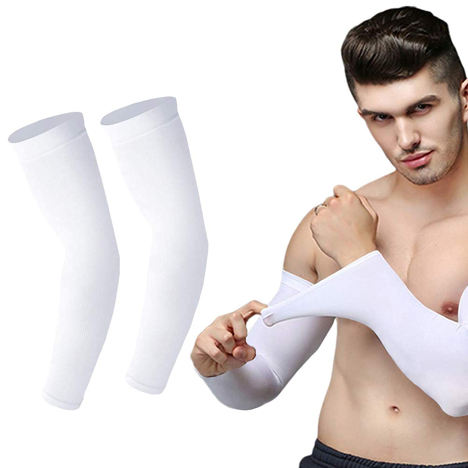 VTFlair UV Protection Cooling Compression Arm Sleeves for Men & Women - Breathable Sports Arm Sleeves for Baseball, Basketball, Cycling, Running & Outdoor Activities (Grey White, Pack of 2) - Perfect for Sun Protection & Muscle Support During Workouts