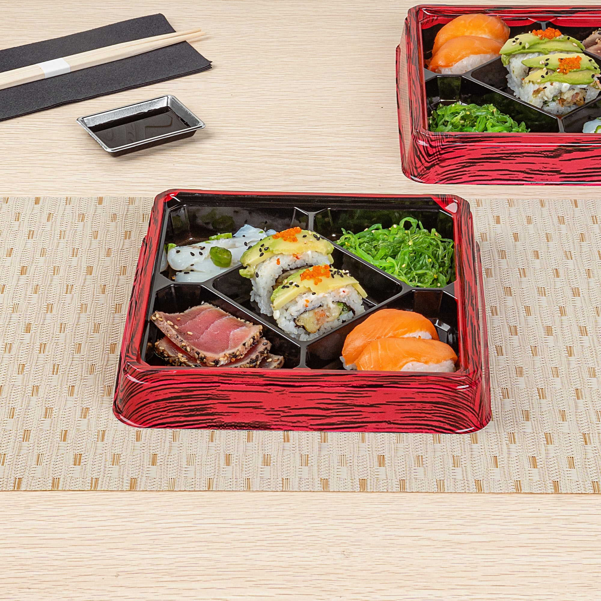 Bento Tek 19 oz Square Red and Black Plastic Bento Box with 5 Compartments | 8.5