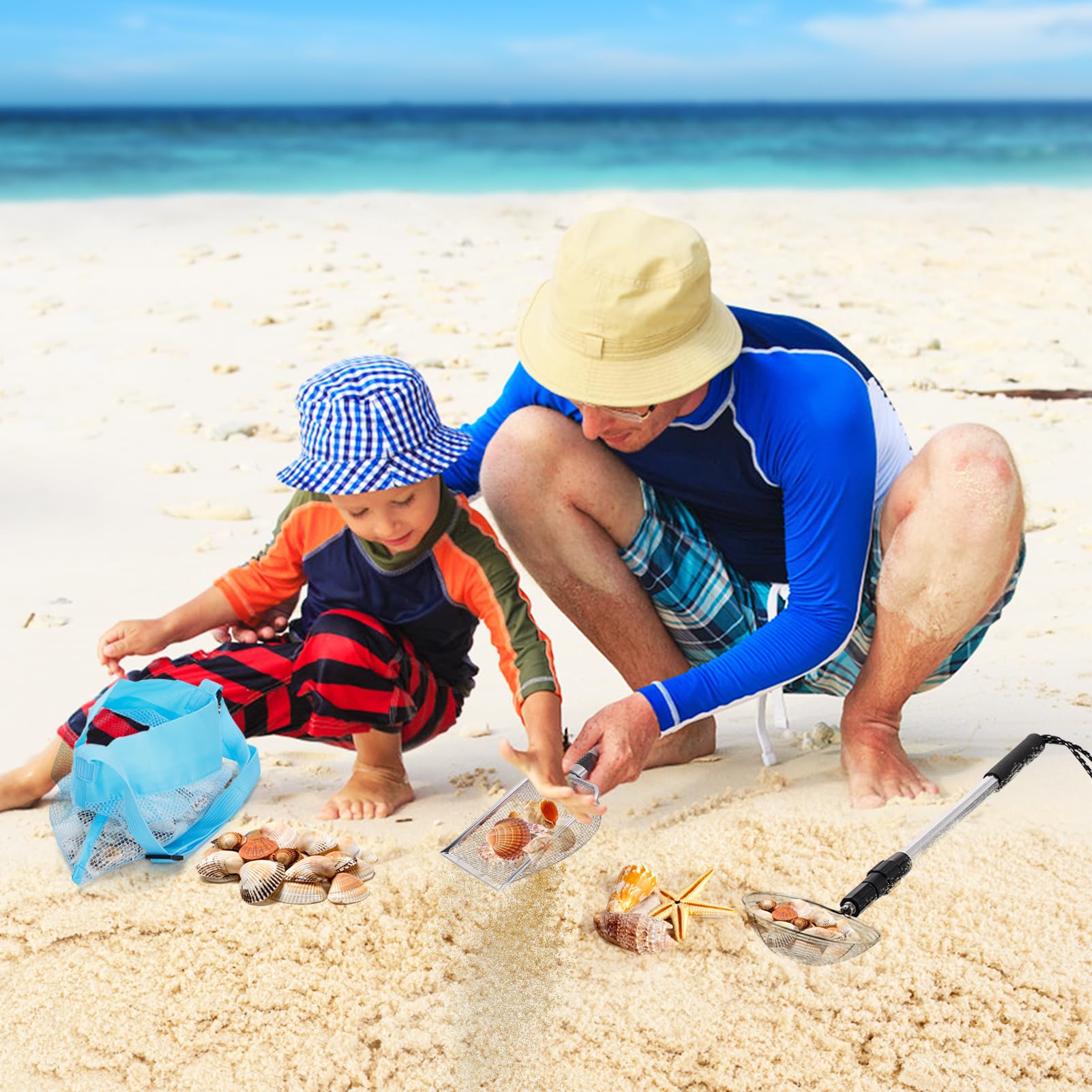2 Pack Shark Tooth Sifter with Seashell Bags - Adjustable 21.8in to 34in Sand Sifter & Beach Shovel - Fun Beach Sand Toys for Kids & Adults - Perfect for Shell Hunting, Beachcombing & Outdoor Adventures