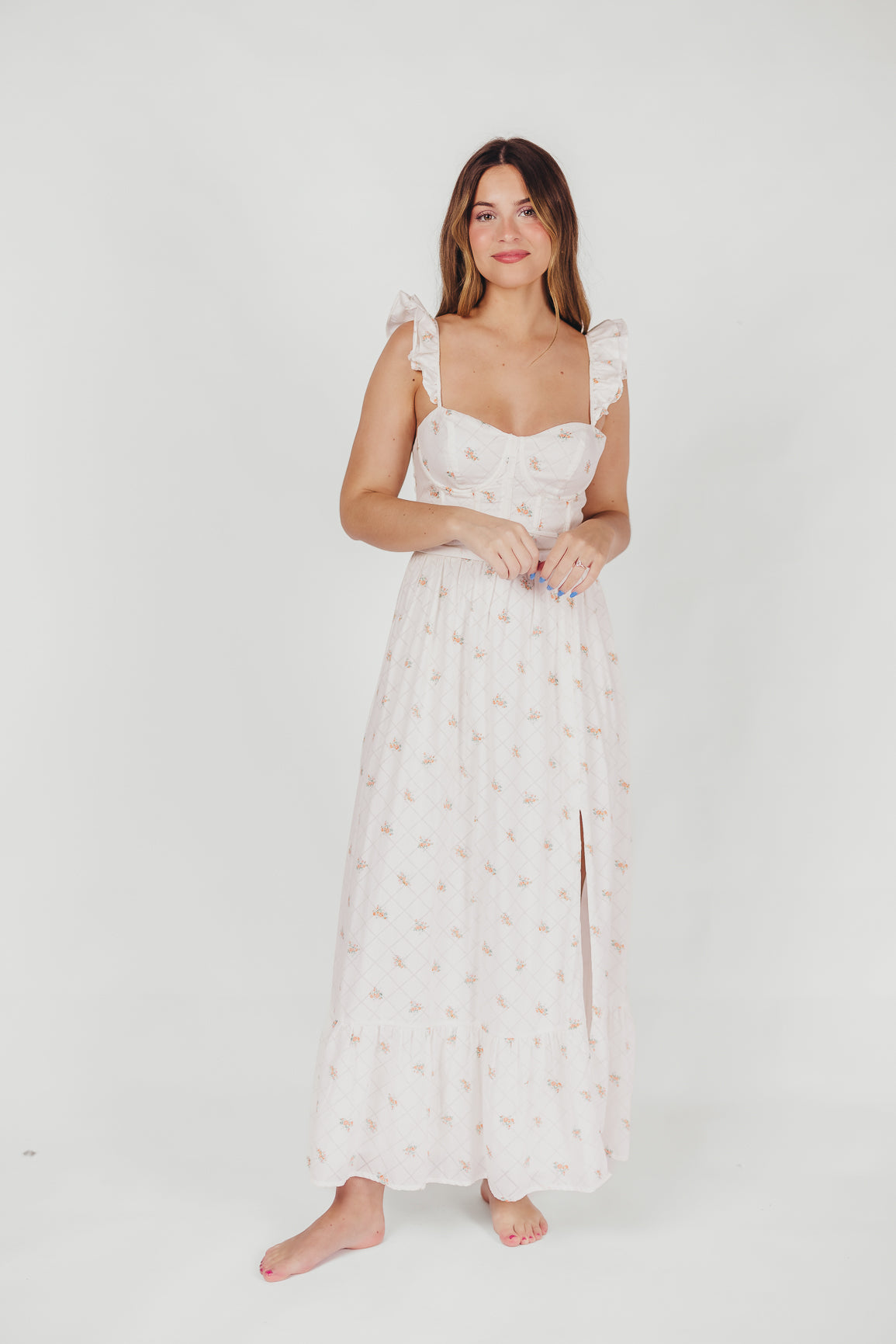Rosamund Bustier Style Maxi Dress - Floral Blush Pink Women's Plus Size Dress (S-3XL) | Perfect for Weddings, Parties & Summer Vacations