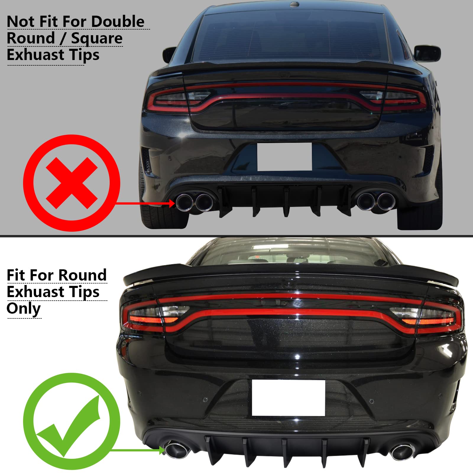 IKON MOTORSPORTS V2 Style Rear Bumper Diffuser - Carbon Fiber Print PP Lip Shark Fins for 2015-2023 Dodge Charger | Aggressive Styling Upgrade for Street Racing & Car Shows