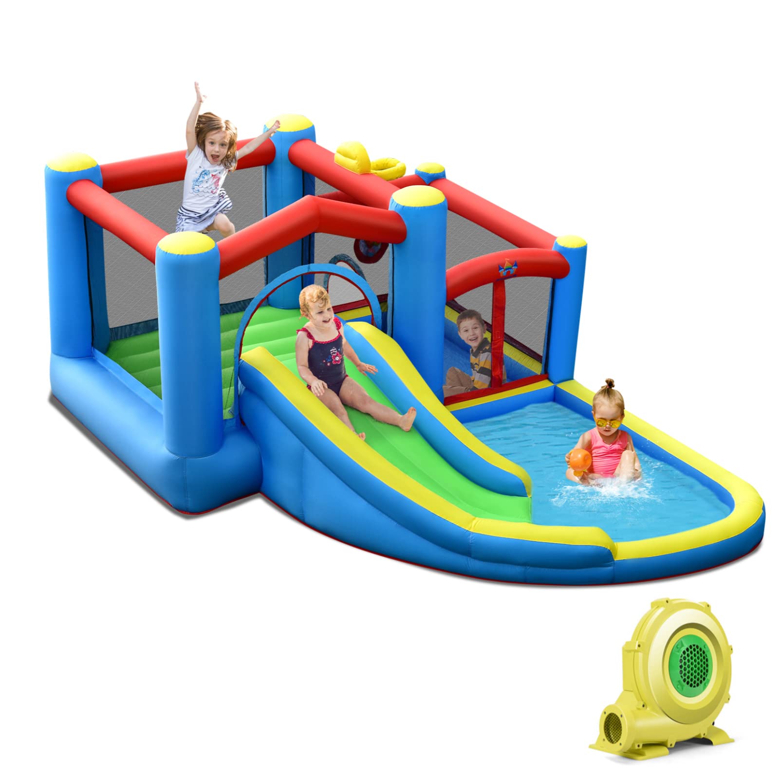 **HONEY JOY 6-in-1 Inflatable Water Slide for Kids & Adults - Giant Blow Up Bouncy Water Park with Target Ball & Climbing Wall - Outdoor Backyard Water Bounce House with 480W Blower - Perfect for Summer Parties, Birthdays & Family Fun**