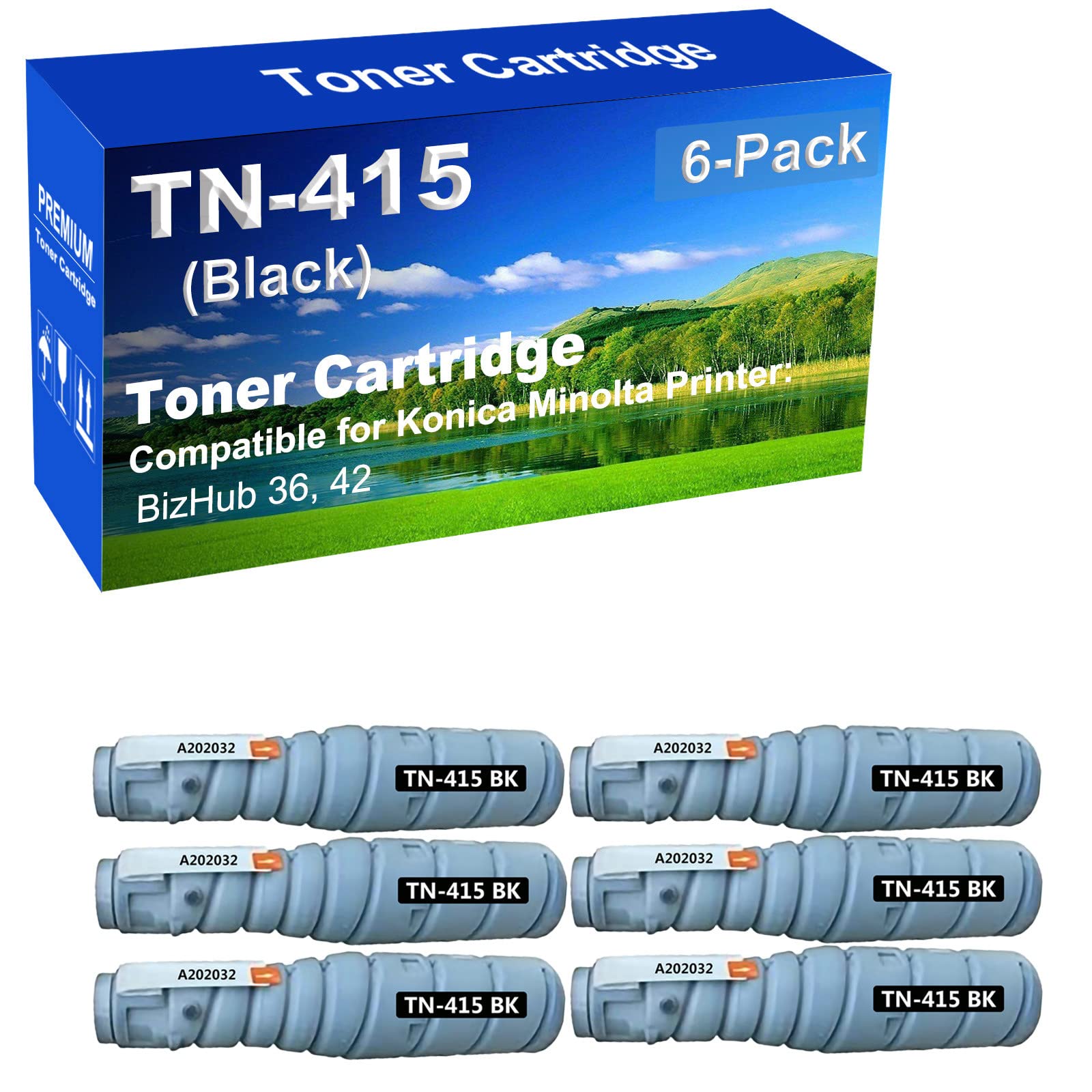 6-Pack High-Capacity TN415/TN-415 Toner Cartridge (A202032) for Konica Minolta Bizhub 36 & 42 Printers - Black | Ideal for Office Printing & Bulk Document Production