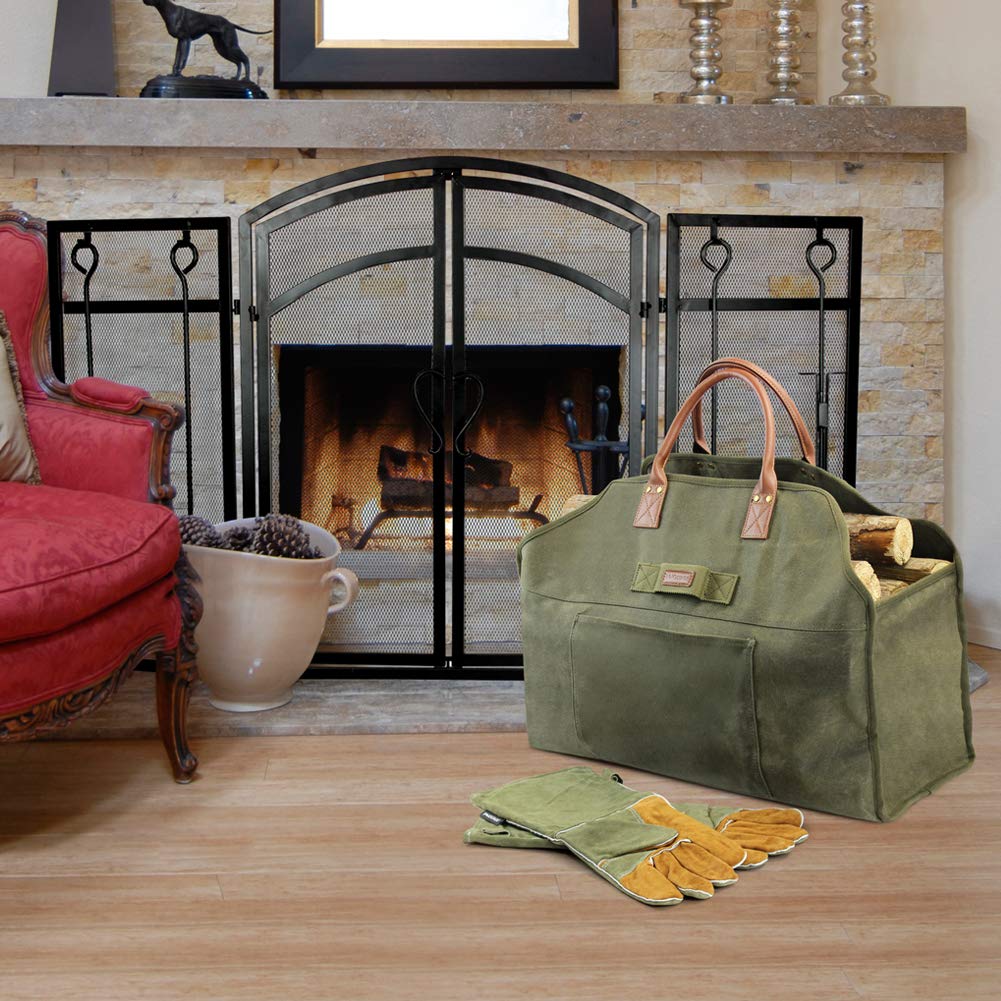 Premium Waxed Canvas Firewood Log Carrier Bag with Pure Leather Gloves - Heavy Duty Fireplace Accessories for Camping, Fireplace & Outdoor Use (Green)