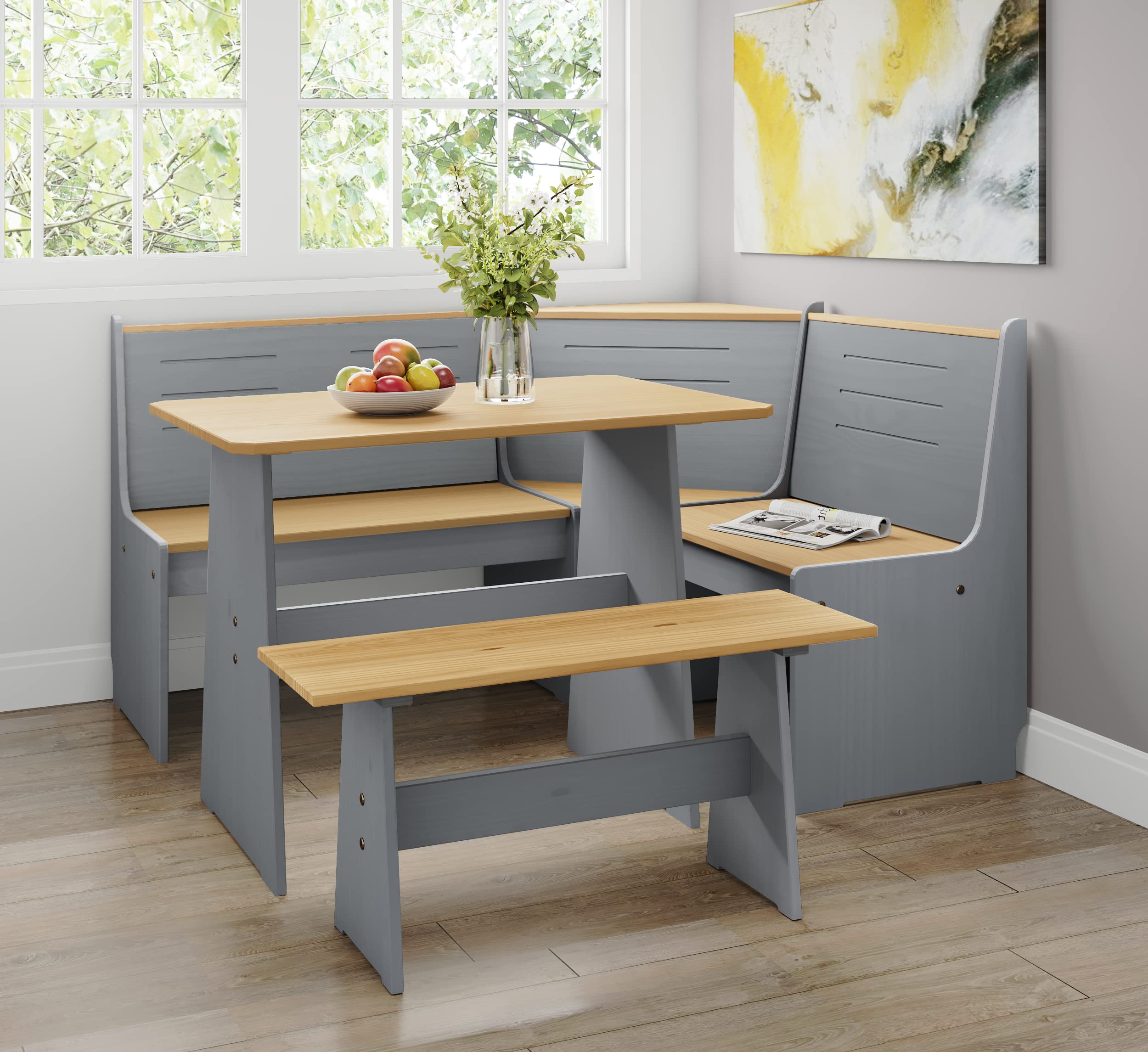 Space-Saving L-Shaped Breakfast Nook Set - 3-5 Seat Corner Dining Table & Bench with Reversible Design, Grey Wood for Kitchen & Small Dining Areas | Perfect for Family Homes, Apartments & Cozy Breakfast Nooks
