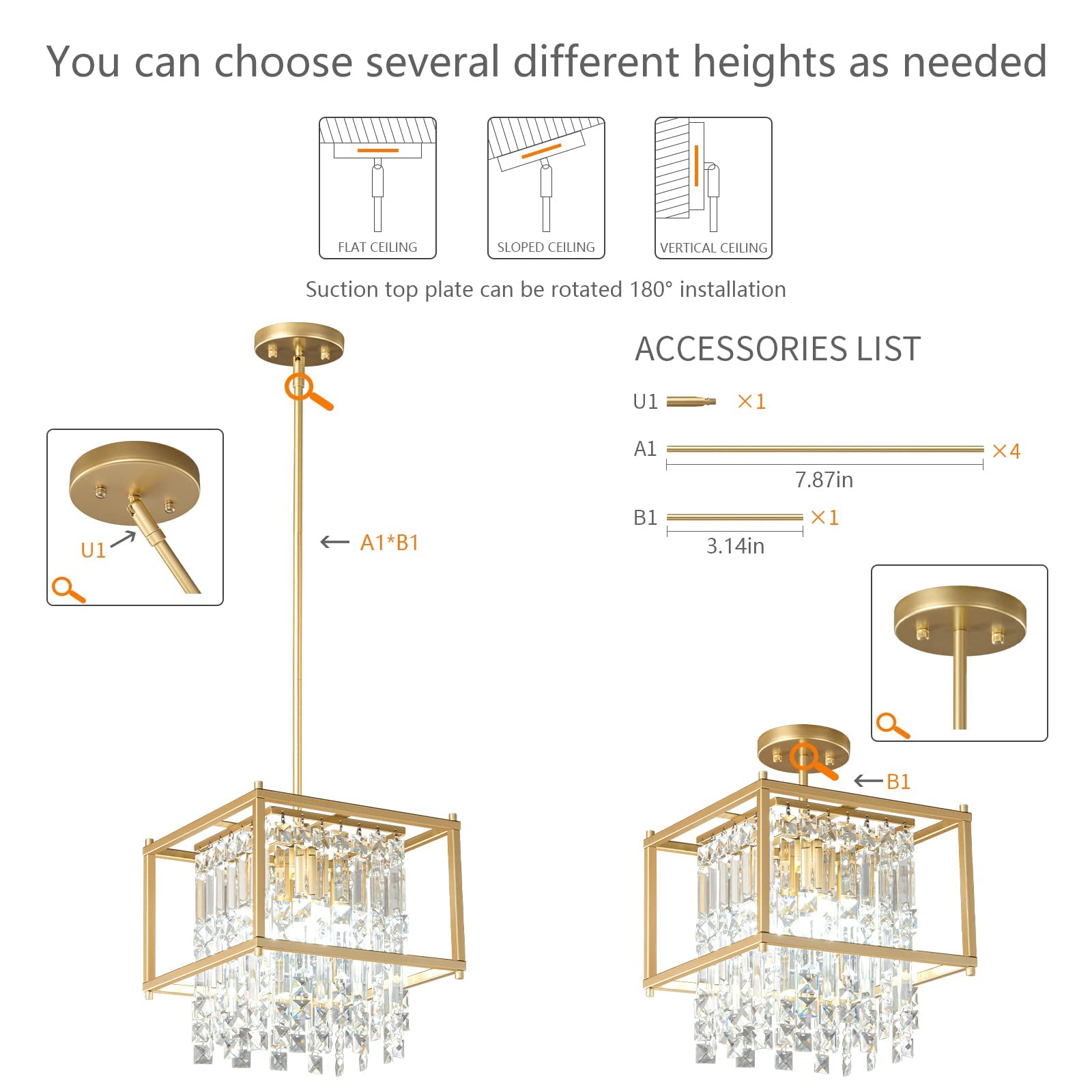 LMQNINE 4-Light Square Industrial Farmhouse Chandelier - 11.81 Inch Gold Metal Crystal Pendant Light Fixture for Dining Room, Kitchen Island, Living Room - Perfect for Flat & Inclined Ceilings | Modern Farmhouse Decor & Rustic Home Lighting