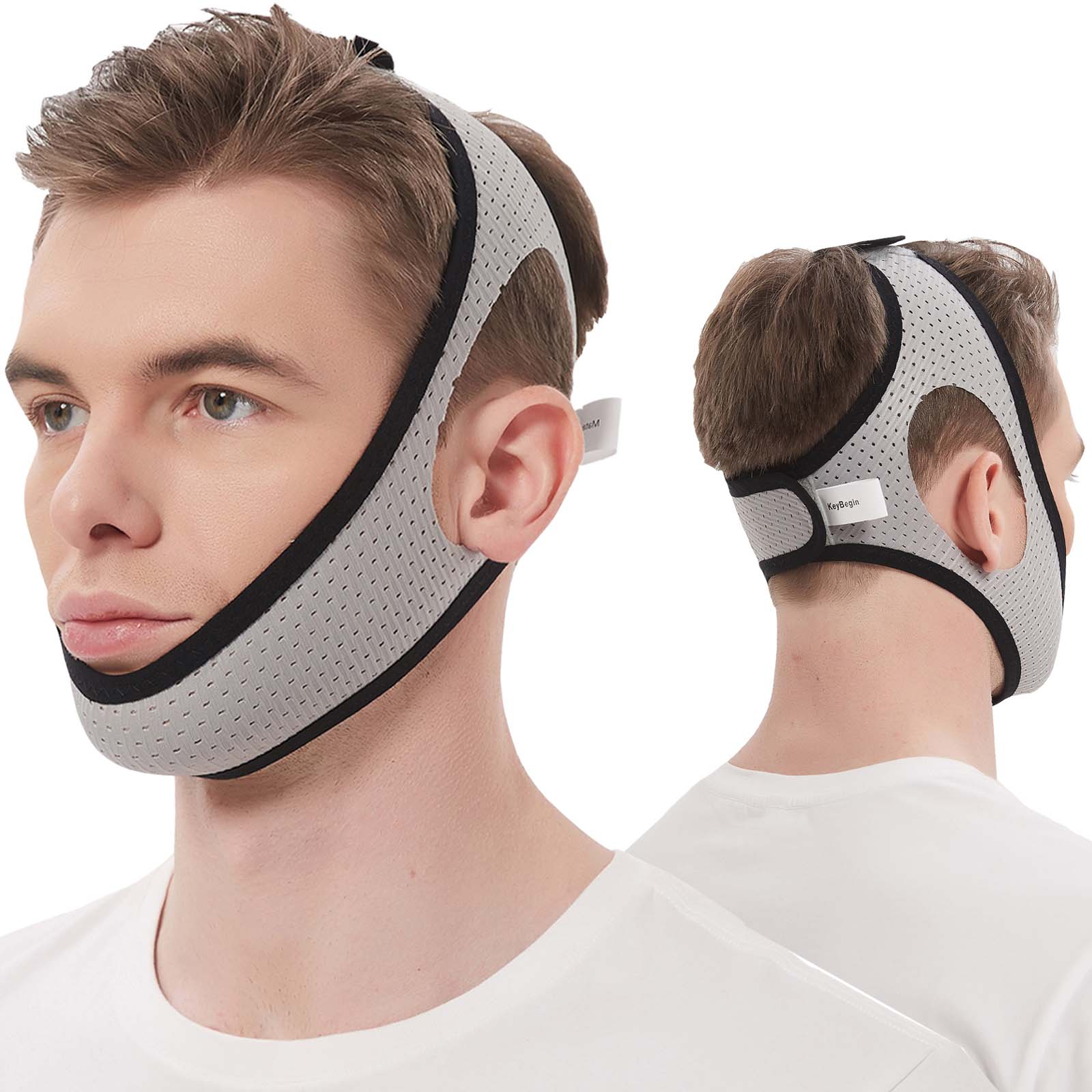KeyBegin Adjustable Anti Snoring Chin Strap for CPAP Users - Upgraded Mouth Closure Support for Better Sleep, Comfortable & Breathable Design (Grey) | Perfect for Sleep Apnea Therapy & Nighttime Snoring Relief
