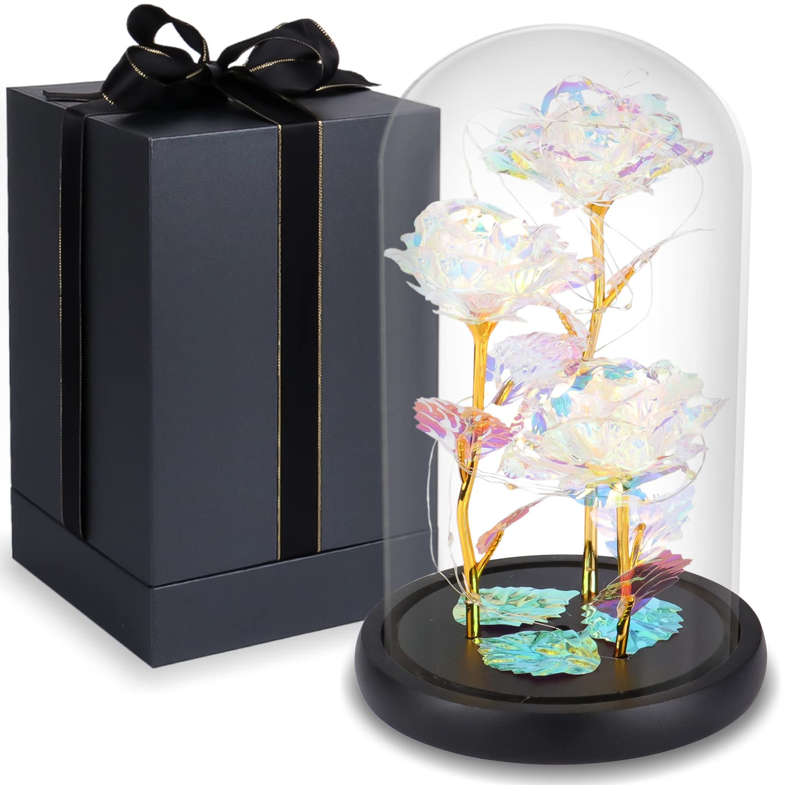 3 Colorful LED Rose in Glass Dome with 24K Gold Plating - Unique Birthday, Mother's Day, Valentine's Gift for Women - Romantic Home Decor & Anniversary Present