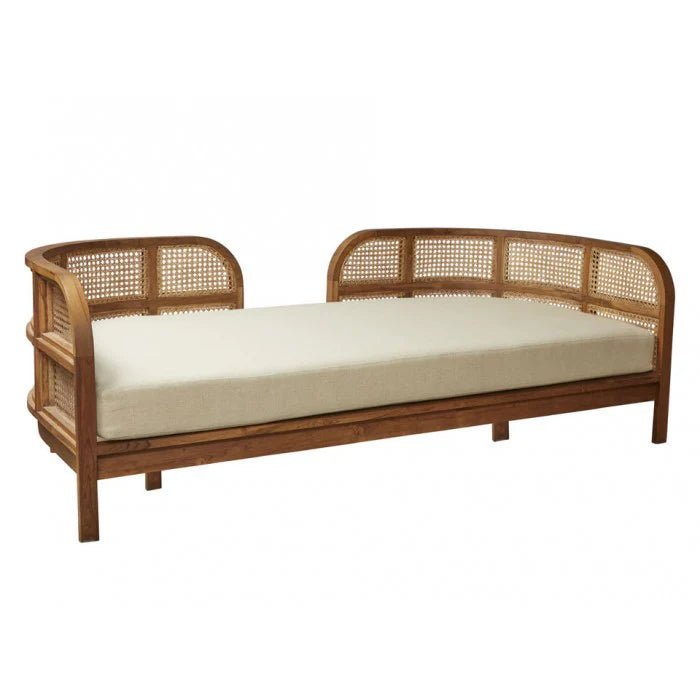 Natural Wood and Cane Daybed with Cushions - Boho Chic Lounge Chair for Patio, Bedroom or Living Room - Perfect for Relaxing, Reading and Sunbathing