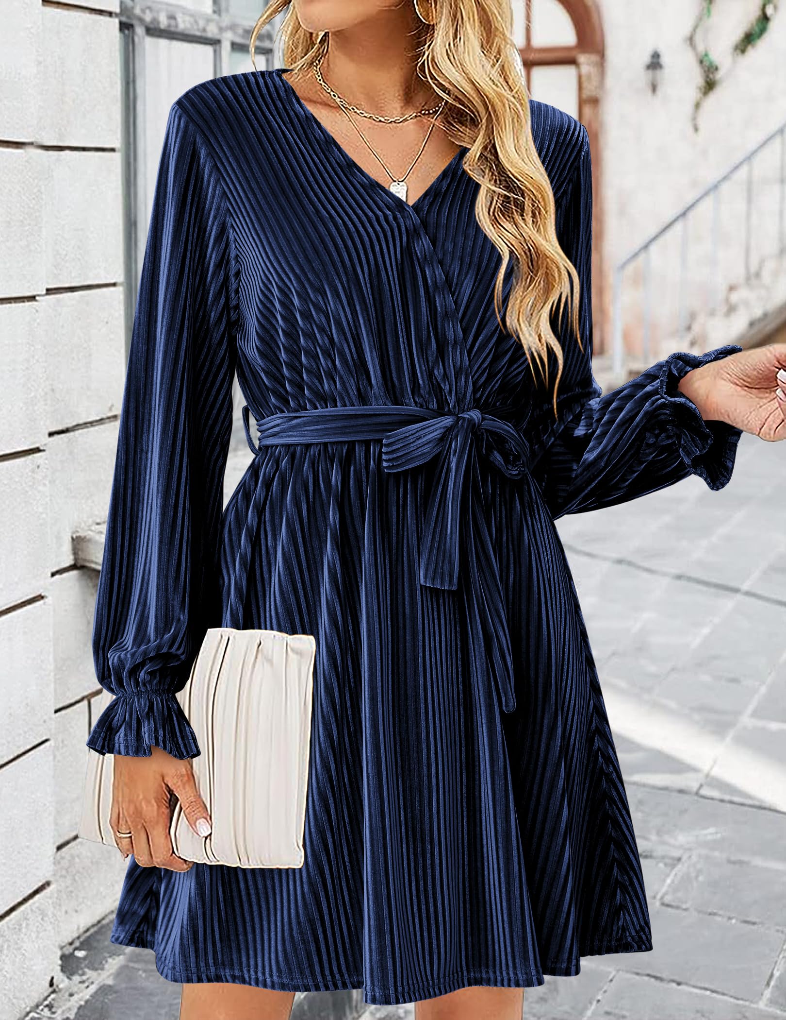 HOTOUCH Women's Velvet Wrap Dress - V Neck Flared Midi Dress with Long Lantern Sleeves & Belt for Cocktail Party, Evening Events & Holiday Gatherings
