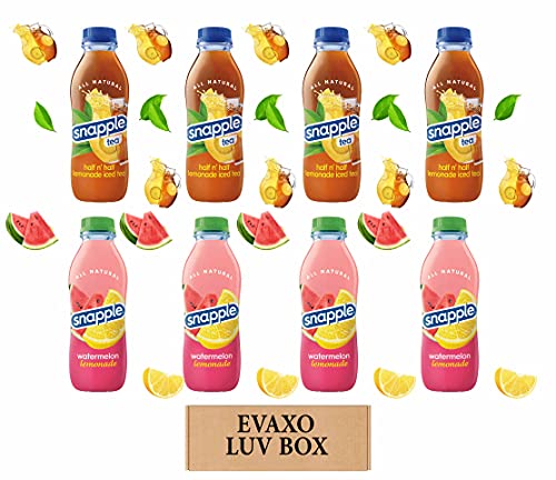 LUV BOX - Variety Pack of 8 Snapple Juice Drinks 16oz Plastic Bottles (Half & Half Lemonade Iced Tea, Watermelon Lemonade) by Evaxo - Perfect for Parties, Picnics & Office Refreshments