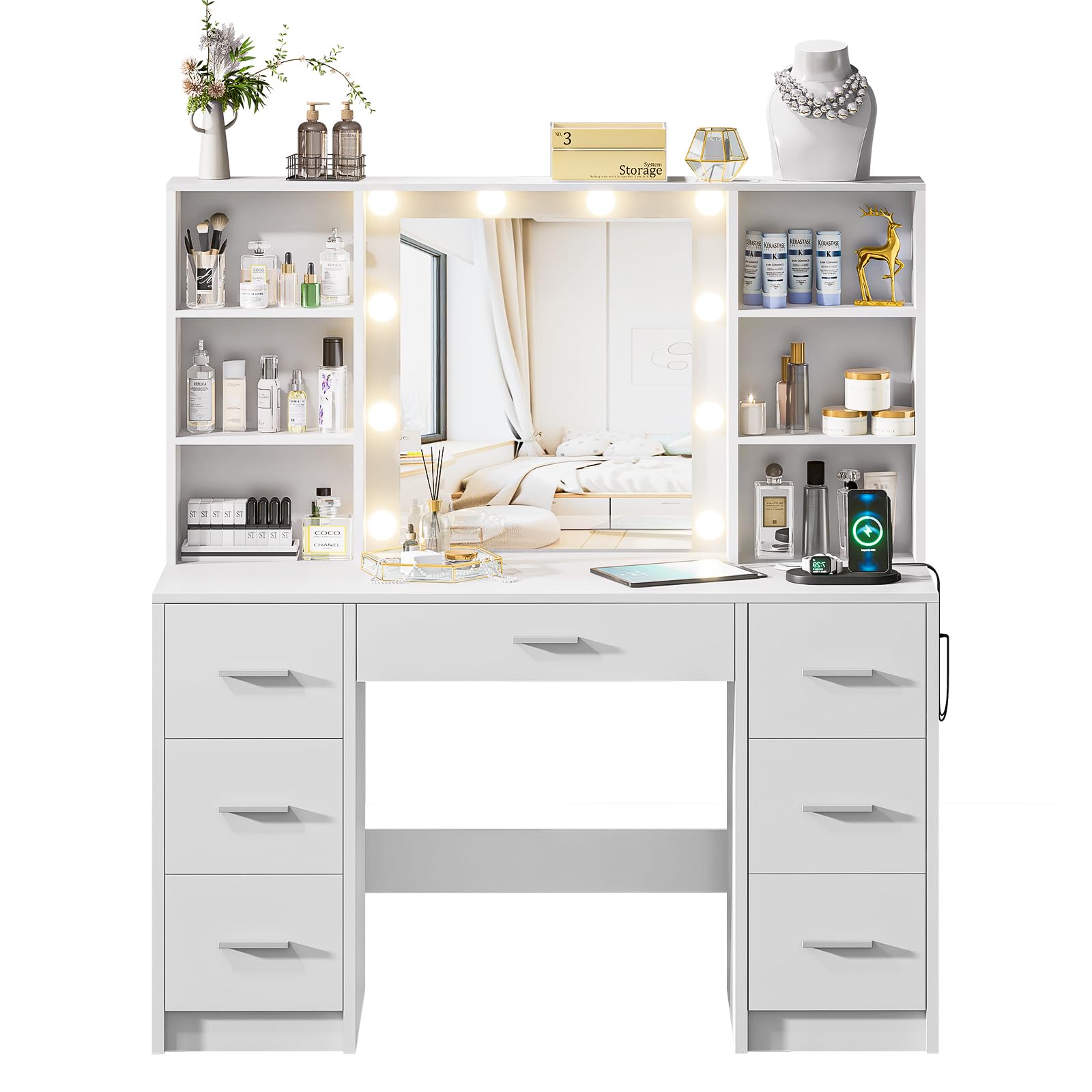 Large Vanity Desk with Mirror & 10 LED Lights - Makeup Dressing Table with Power Outlet, 7 Drawers & 6 Storage Shelves - 3 Lighting Modes - White Vanity Table for Bedroom, Home Decor & Beauty Room Organization