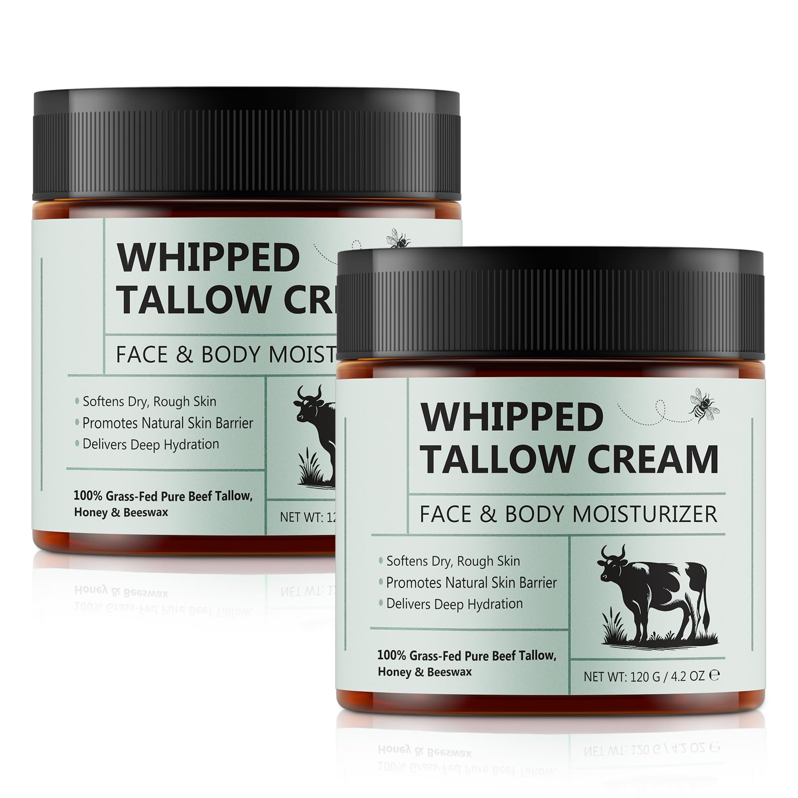 2PCS Organic Beef Tallow Balm for Skin - Natural Whipped Tallow Cream with Honey & Beeswax for Face & Body Moisturizer - Sensitive Skin Care Lotion - Perfect for Dry Skin Relief & Nighttime Hydration