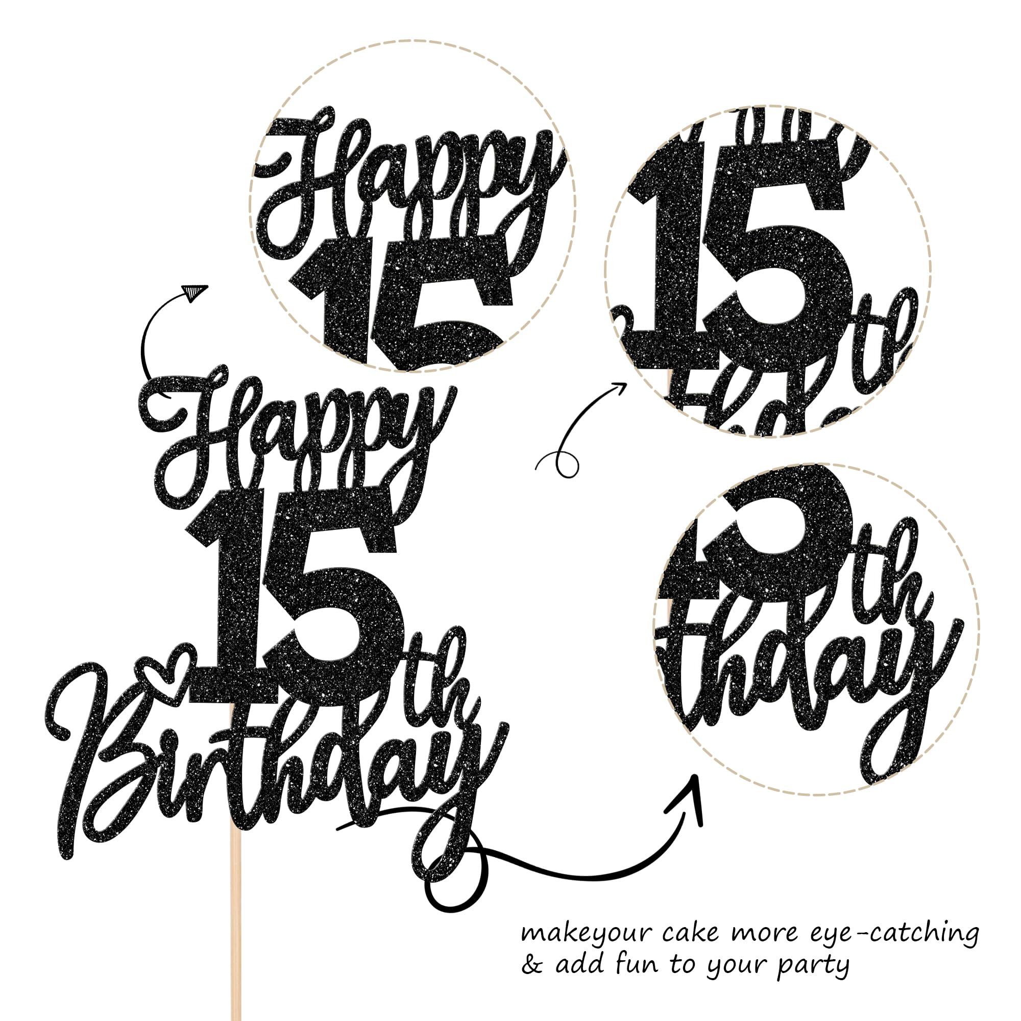 15th Birthday Cake Topper - Glitter 'Cheers to 15 Years' Cake Decoration | Sweet 15 Fabulous Party Supplies for Anniversary Theme Celebrations (Black) - Perfect for Birthday Cakes, Cupcakes & Dessert Tables