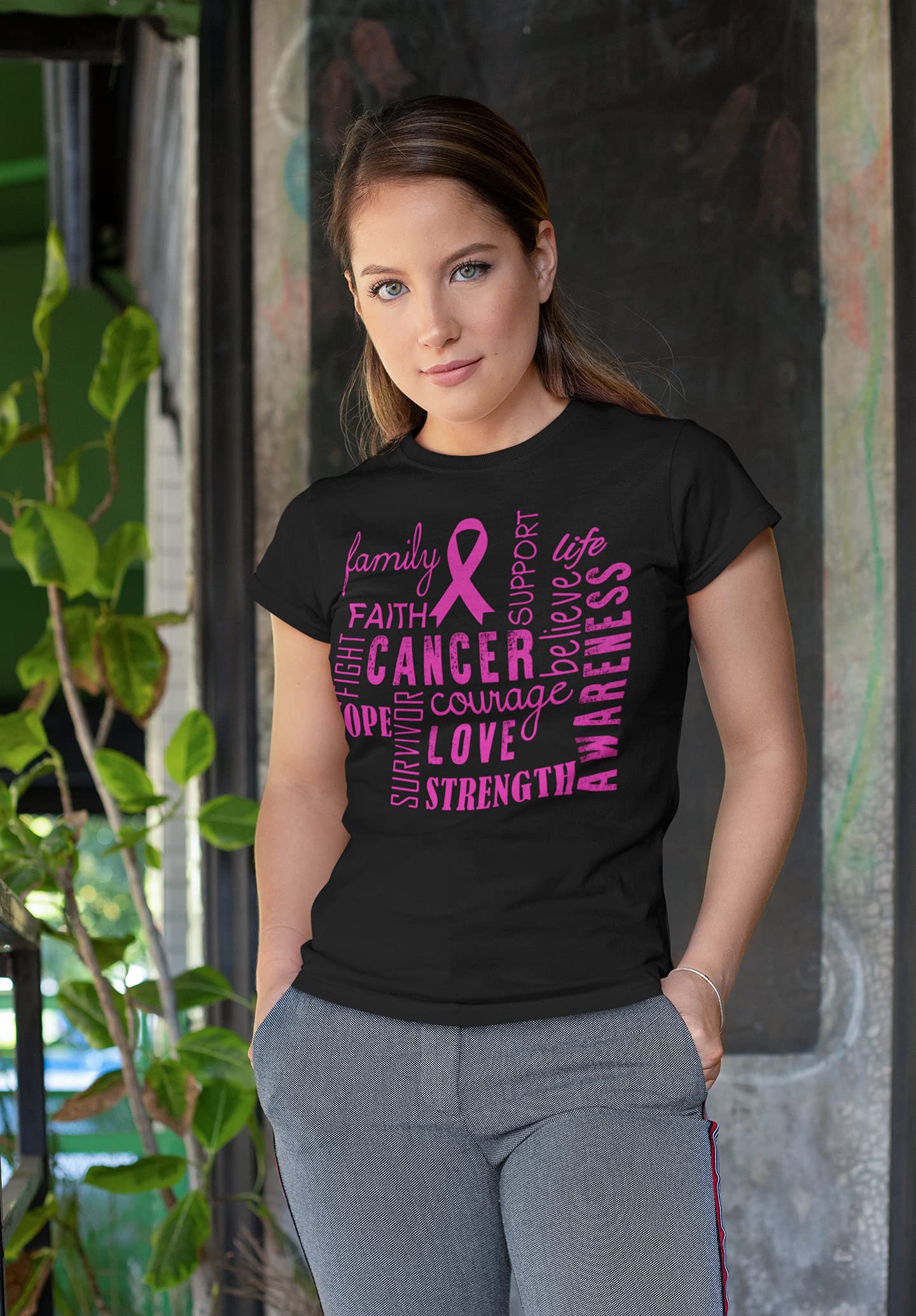 Kropsis Pink Ribbon Breast Cancer Awareness Women's T-Shirt - Family Word Clouds Design - Support Women's Health - Perfect for Fundraisers & Awareness Events