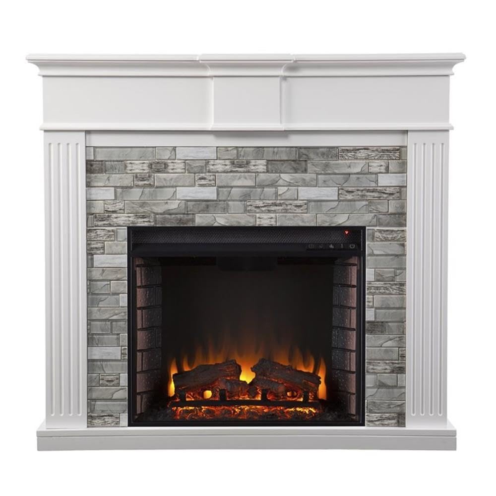 SEI Furniture Bondale Electric Fireplace with Faux Stone Surround in White - Cozy Indoor Heating for Living Room, Bedroom & Office