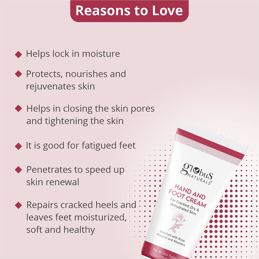 Globus Naturals Nourishing Hand & Foot Cream with Rose & Anantmool - Deep Moisturizer for Dry Skin - All Skin Types - 100g - Perfect for Daily Hydration & Cracked Heel Care