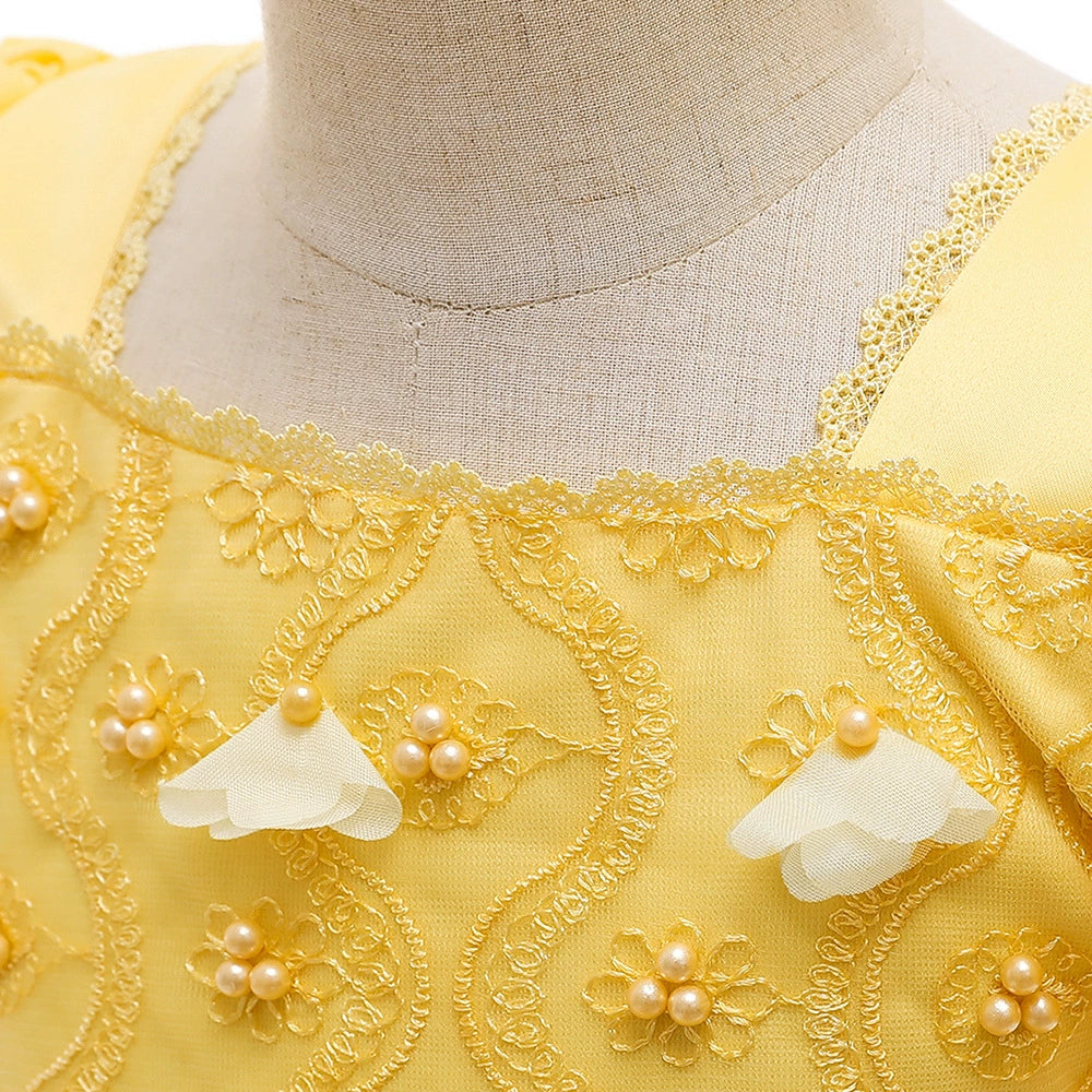 Yellow Princess Square Neck Floor Length Lace Flower Girl Dress for Weddings, Baptisms & Special Occasions