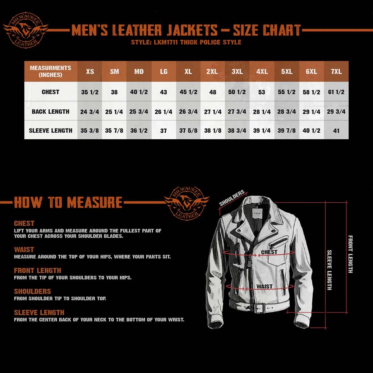 Milwaukee LKM1711 Black Leather Motorcycle Jacket for Men - Heavy Duty Police Style Biker Jacket with Adjustable Side Lace - Perfect for Riding, Motorcycle Clubs & Outdoor Adventures