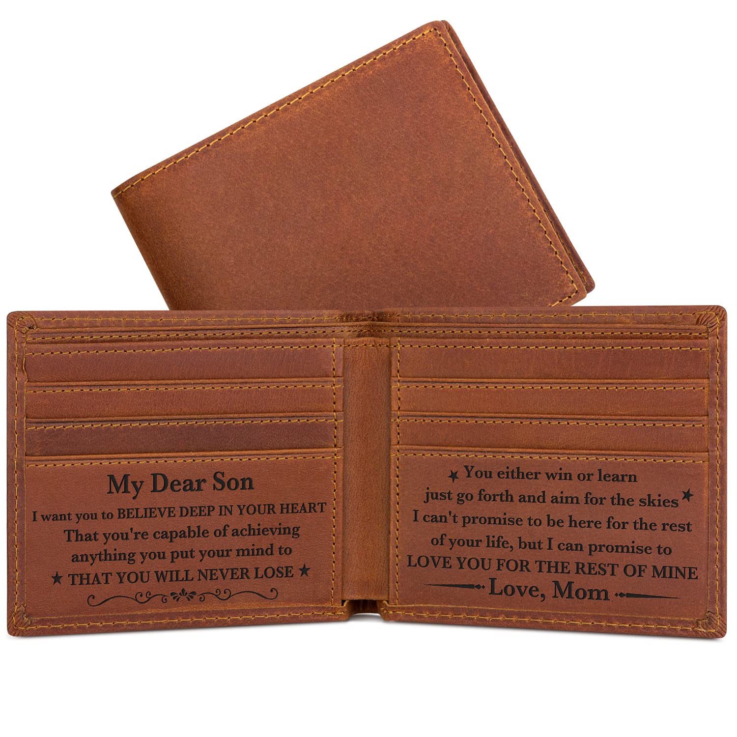 Personalized Leather Wallet for Son - Engraved Gift from Mom for Christmas, Birthday & Graduation - Perfect for Everyday Use