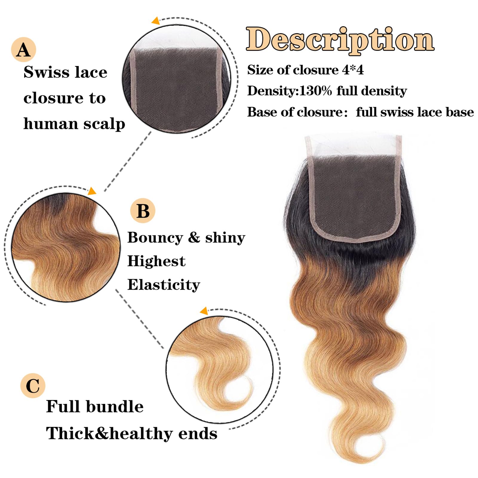 12A Ombre Brazilian Human Hair Bundles with Closure - 100% Unprocessed Virgin Body Wave Weave (16
