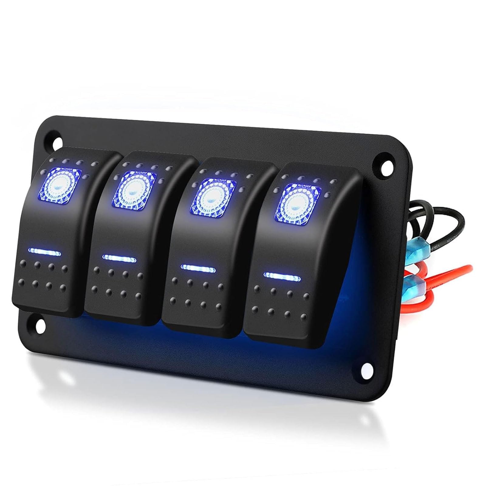 SUNJOYCO 4 Gang Marine Boat Rocker Switch Panel - 12V/24V Waterproof 5 Pin On Off Rocker Switch Panel with Blue LED Light for RV, Marine, Truck, Boat, Car & Vehicles - Perfect for Marine Electrical Systems & Automotive Dashboards