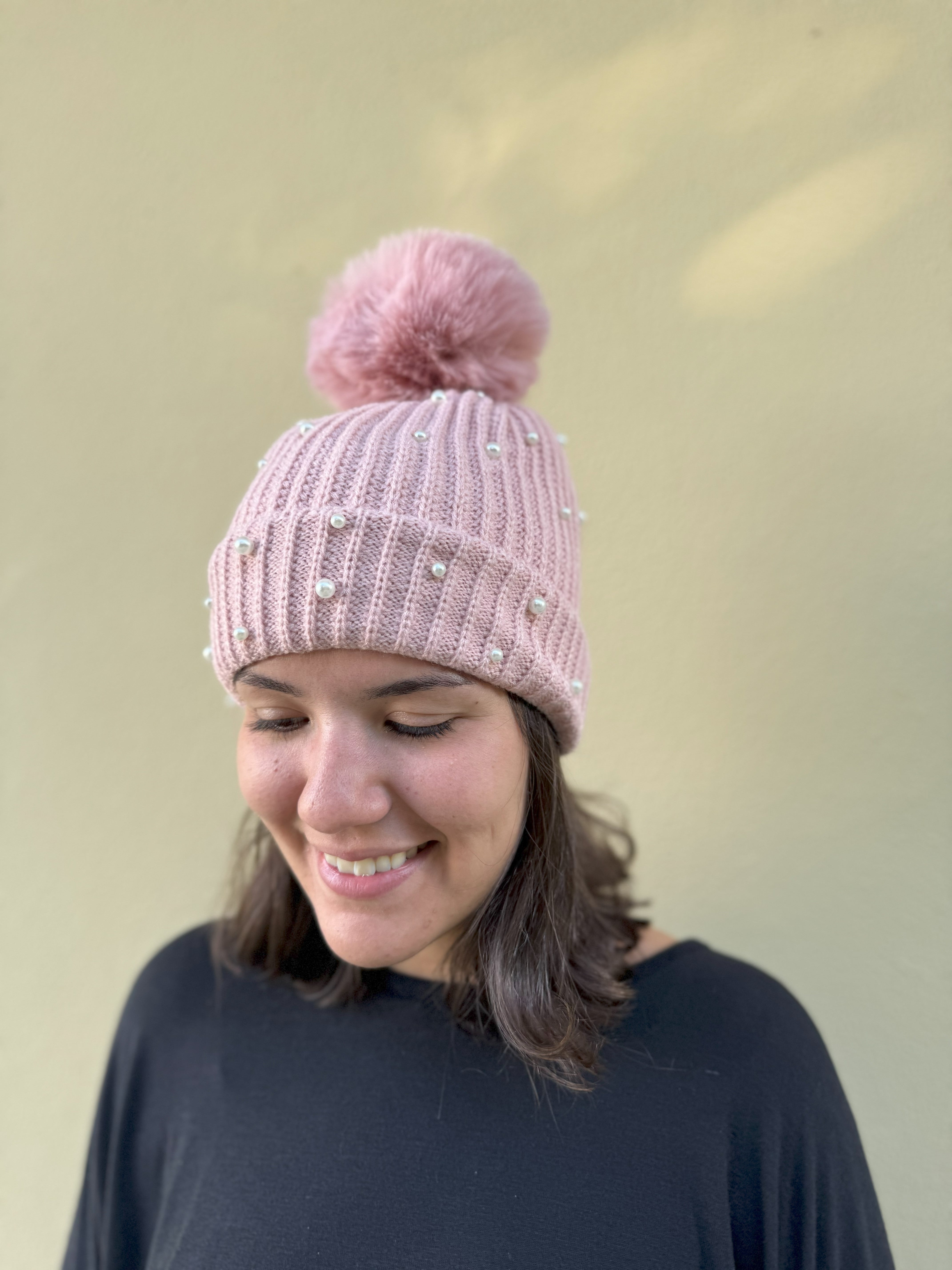 Pink Pearl Pom Pom Beanie - Soft Winter Knit Hat for Women - Perfect for Cold Weather, Snow Days & Fashion Outfits