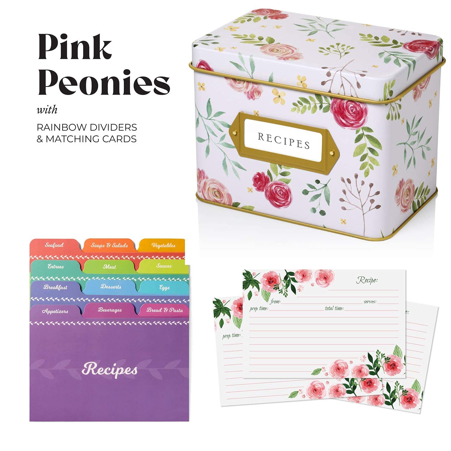 Jot & Mark Recipe Card Gift Box - 25 Pack 4x6 Inch Recipe Cards with 14 Dividers & Decorative Tin Storage Box - Perfect for Organizing Family Recipes, Meal Planning, and Holiday Gifting