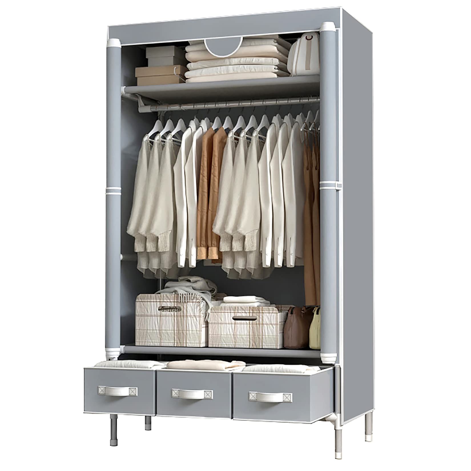 Portable Rolling Wardrobe Closet with Hanging Rack & 3 Drawers - Non-Woven Fabric Storage Organizer for Clothes, No-Tool Assembly, 35.4