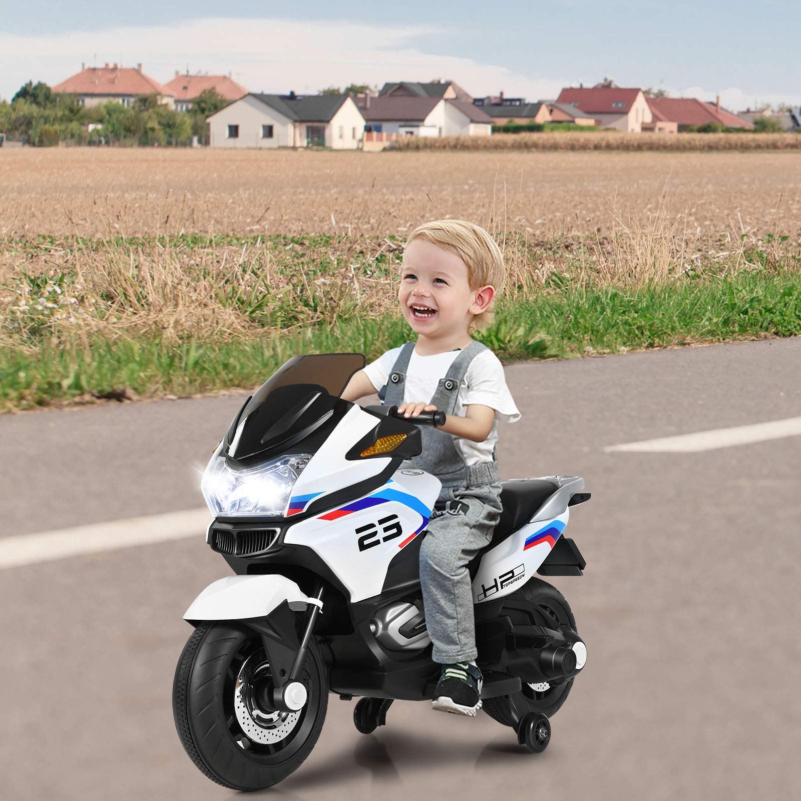 HONEY JOY 12V Kids Electric Motorcycle with Training Wheels - Battery Powered Ride On Toy for Boys & Girls Ages 3+, LED Lights, Foot Pedal & Spring Suspension - Perfect Birthday Gift for Outdoor & Indoor Play (White)