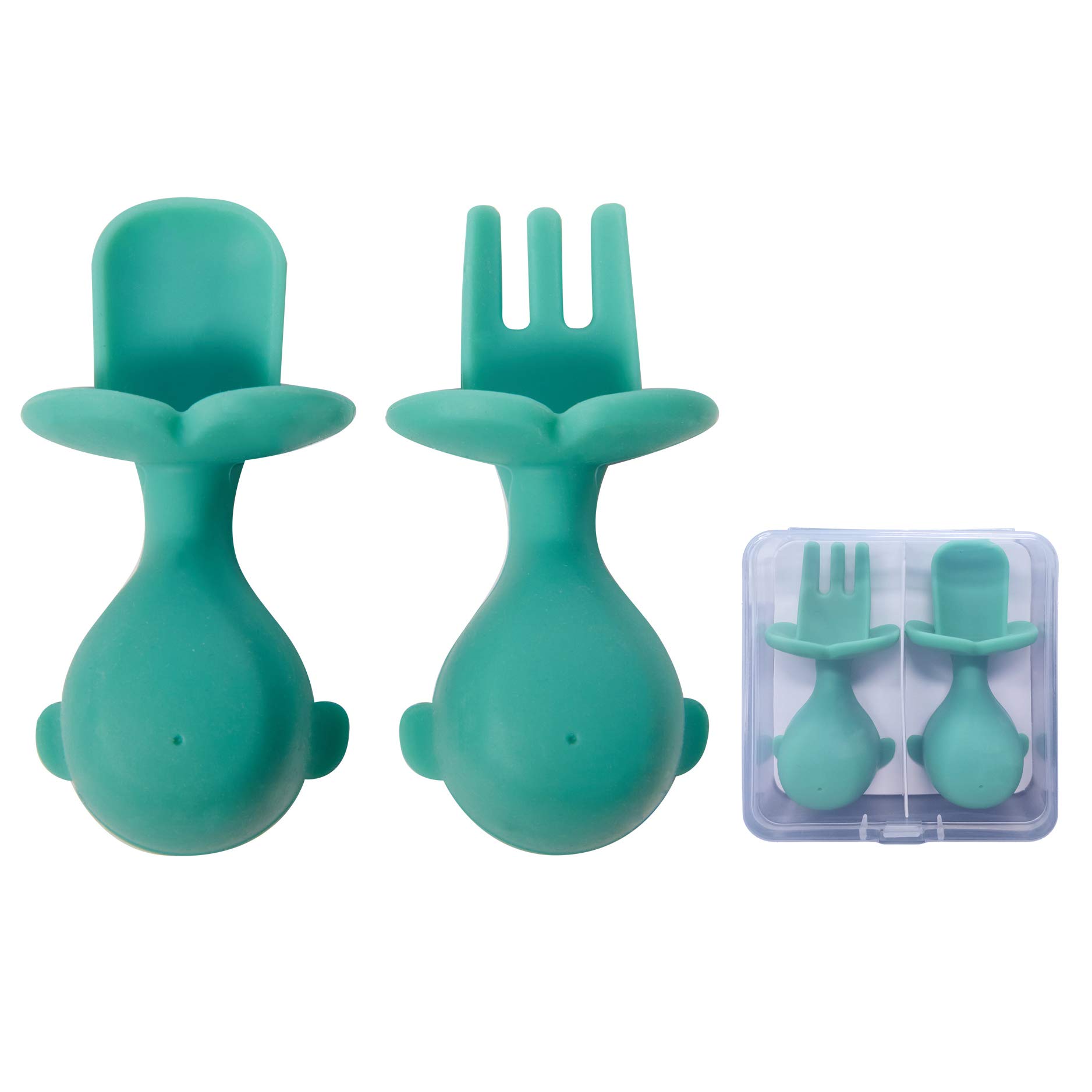 BPA-Free Silicone Baby Spoons and Forks Set - Soft Weaning Training Utensils for Infants 4+ Months - Self Feeding Starter Kit for Toddlers (Green) | Perfect for First Foods, Baby-Led Weaning & Mealtime Independence